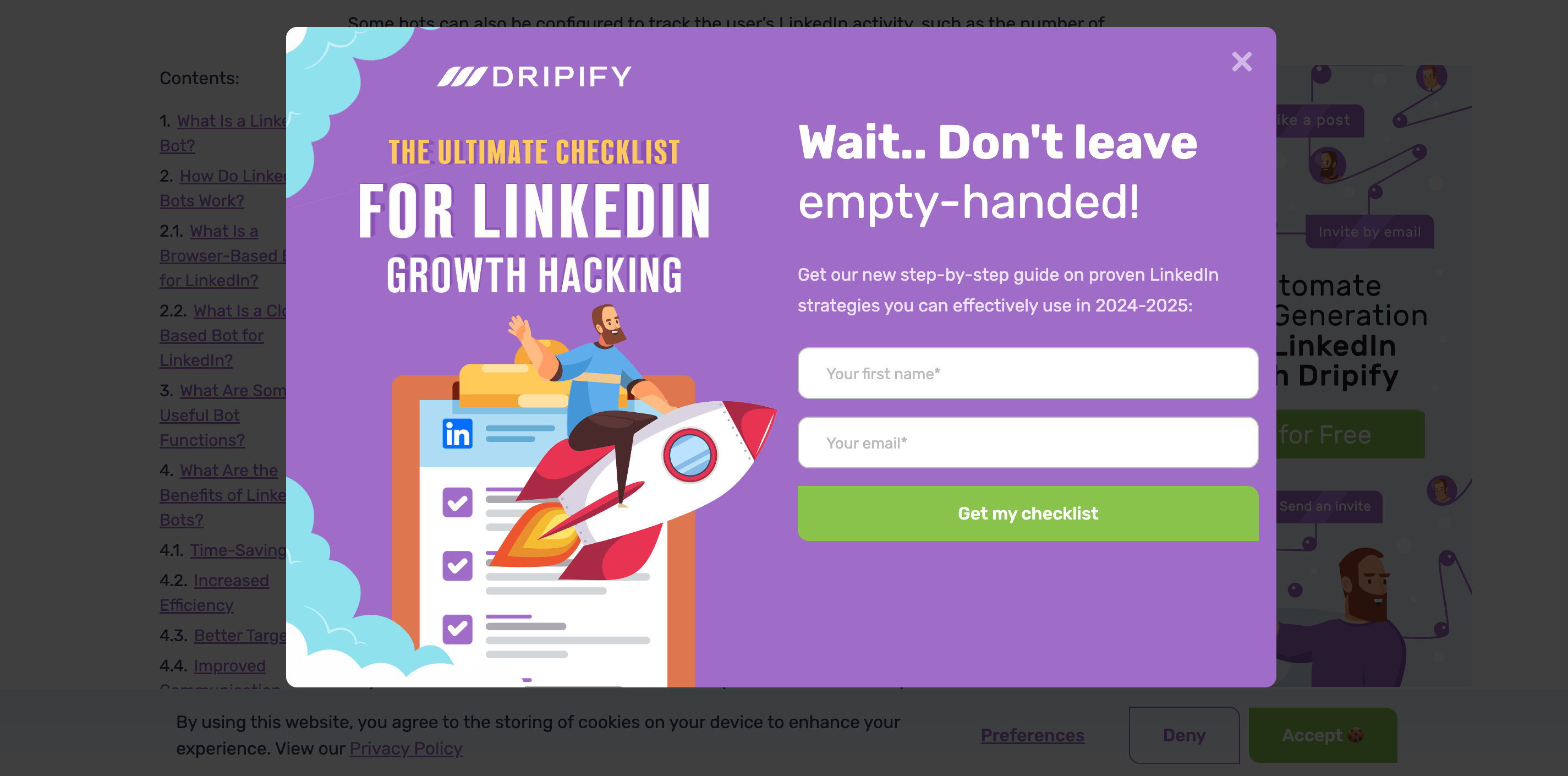 pop-up on website of Dripify
