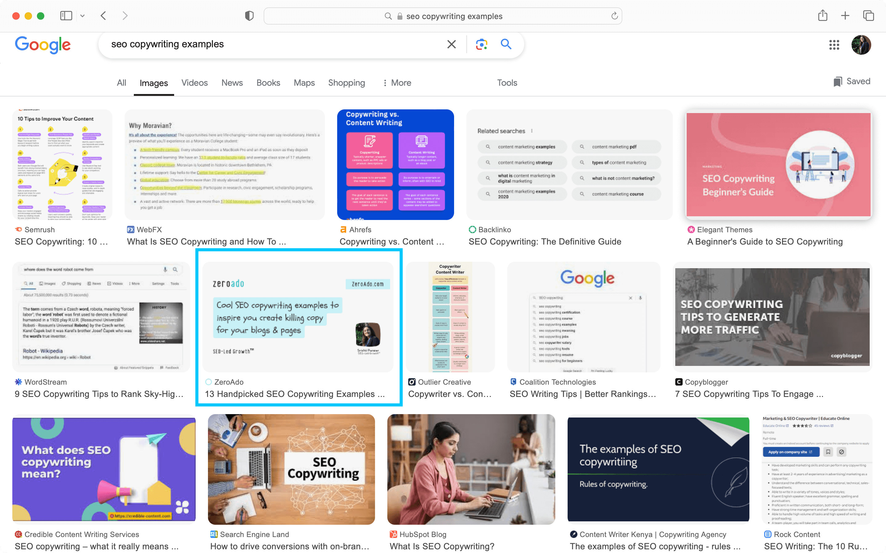 Images and infographics examples as types of SEO content.