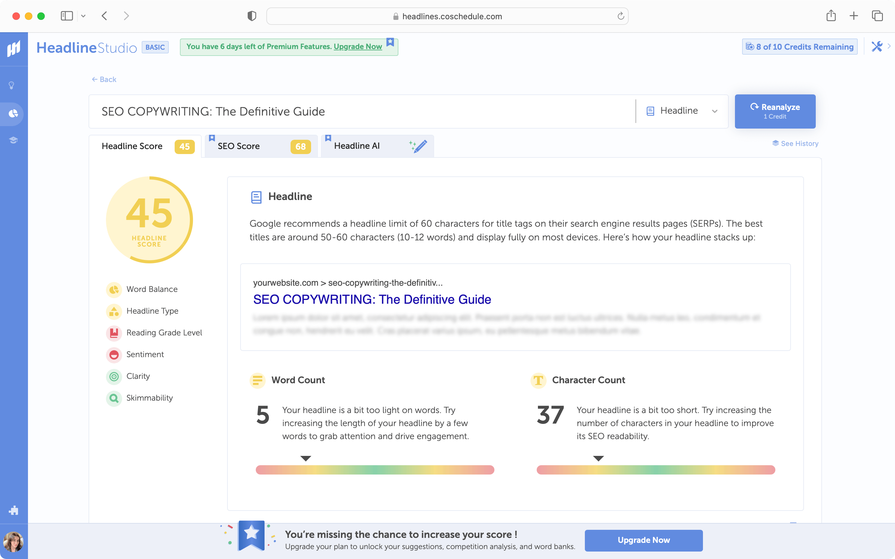 SEO copywriting tool CoSchedule headline analyzer.