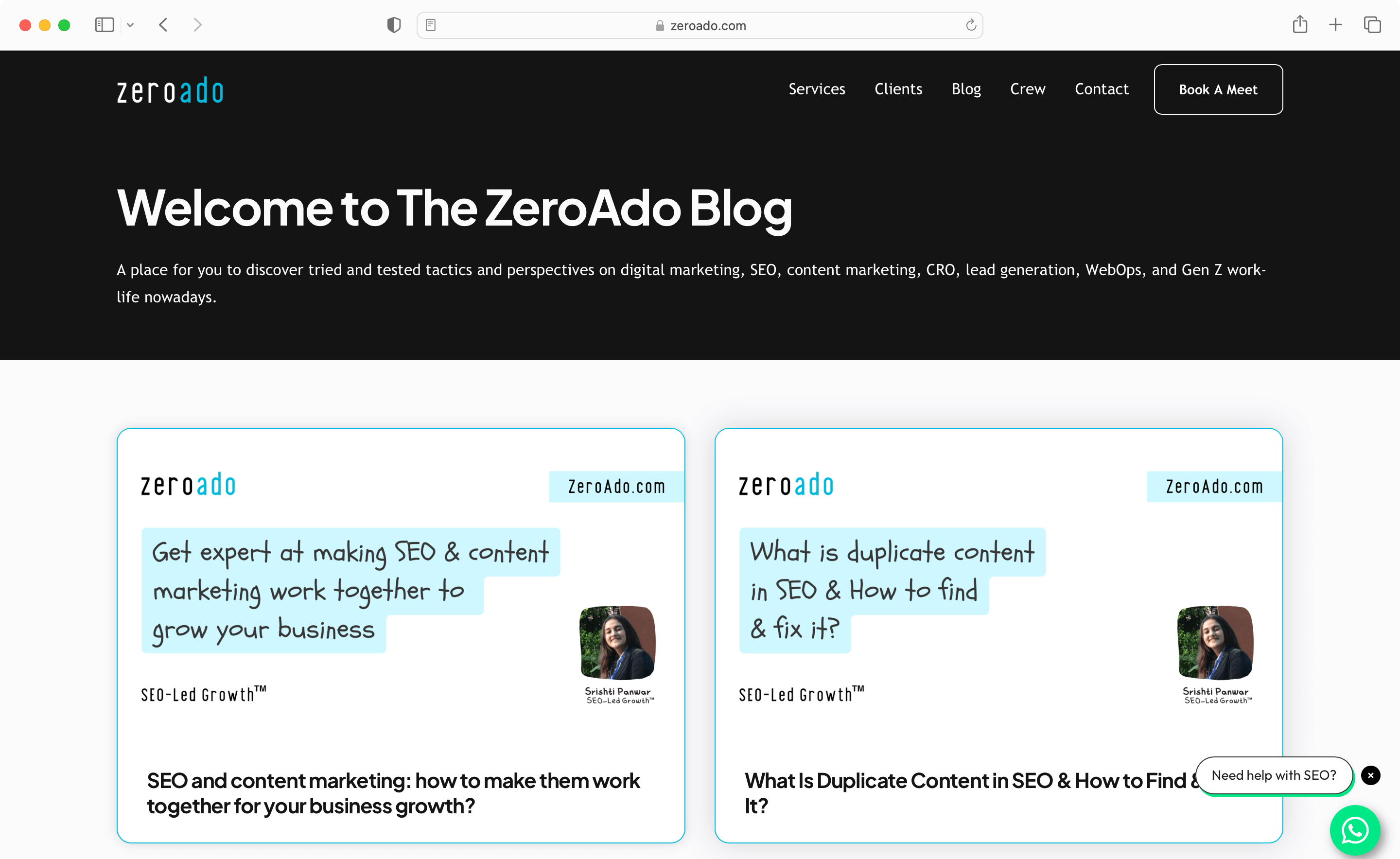 ZeroAdo is an example of SEO because of following a niche in content.