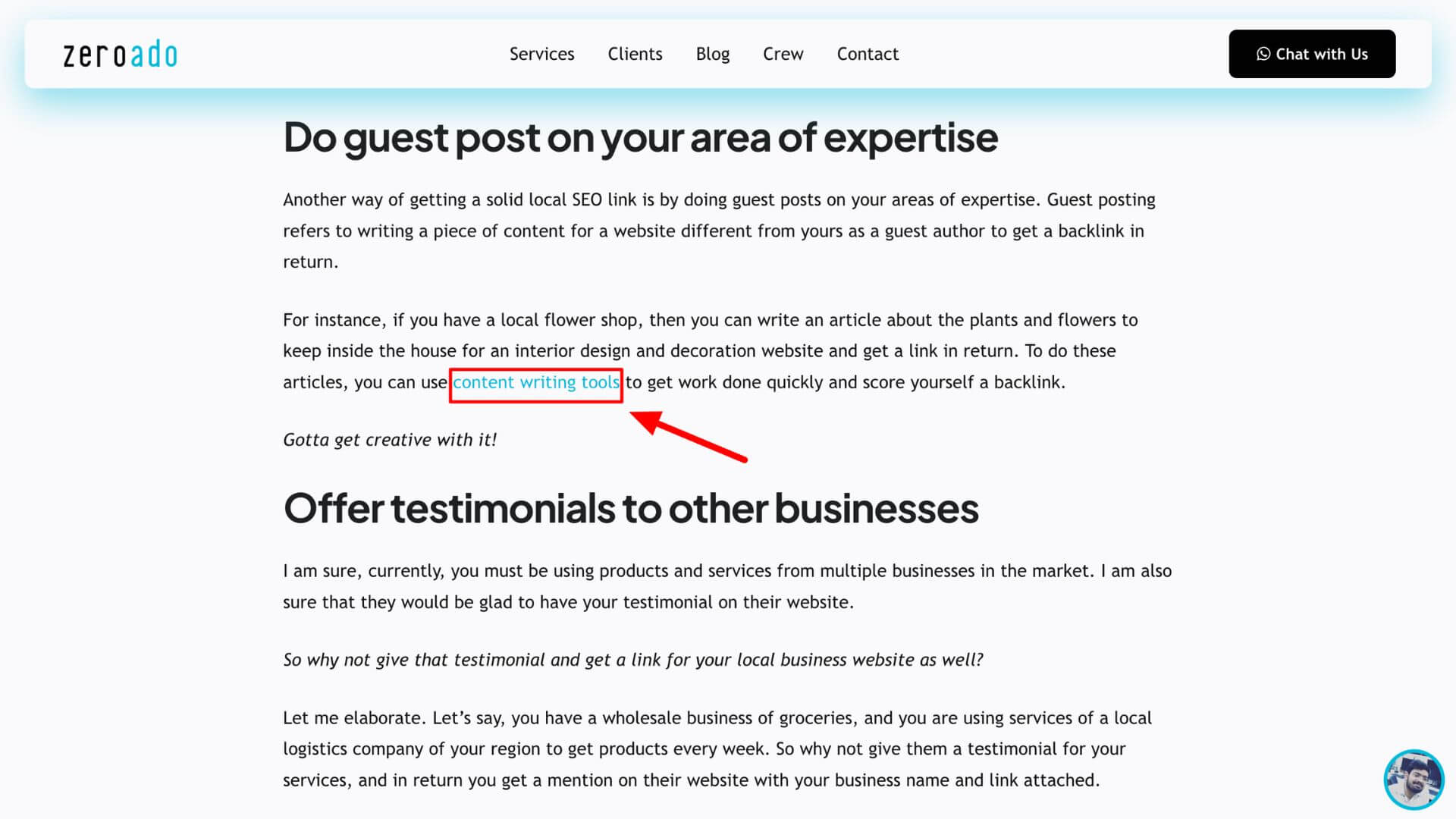 Example of anchor text in SEO link building from ZeroAdo.