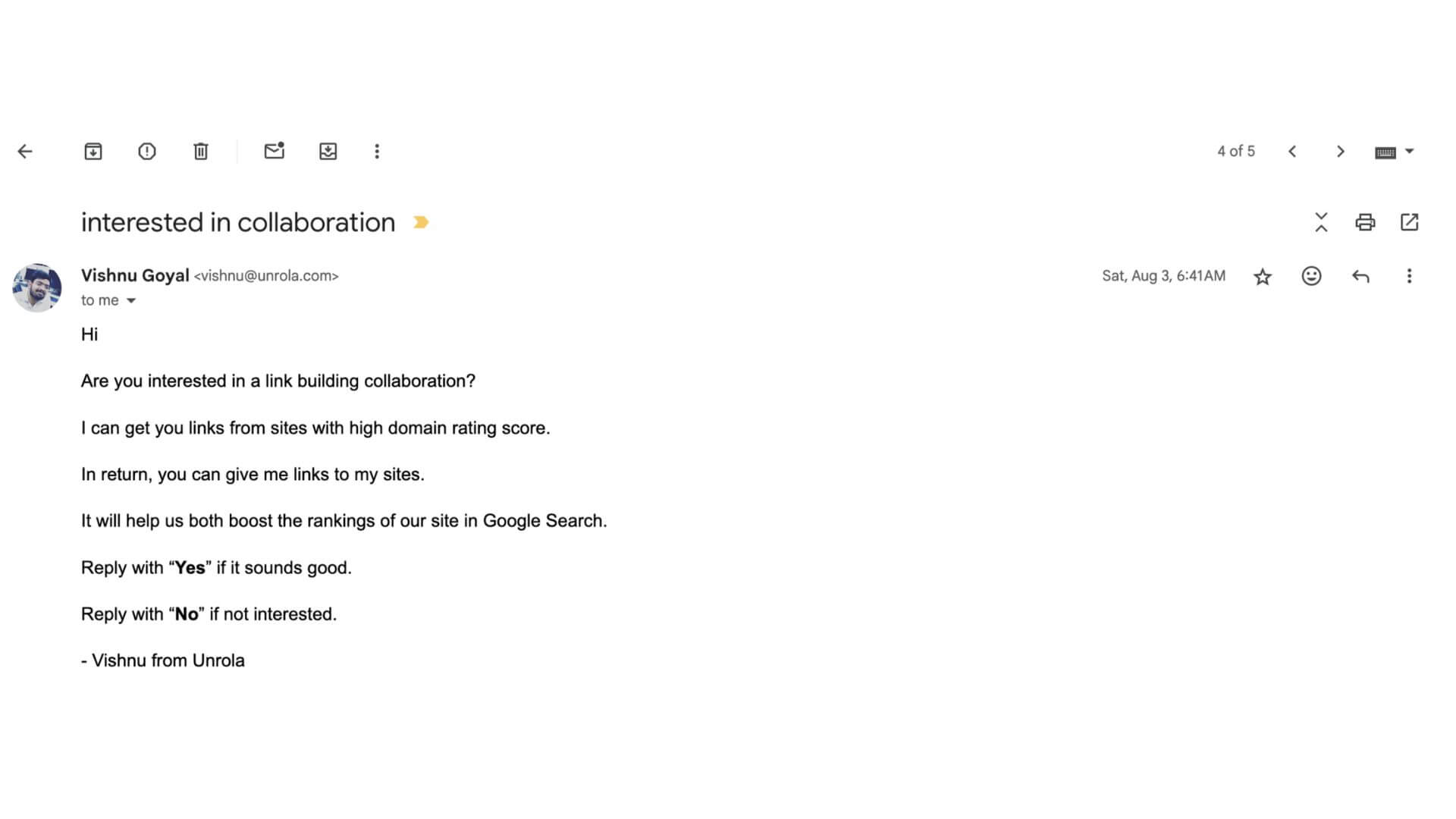 An example of email outreach for link building.