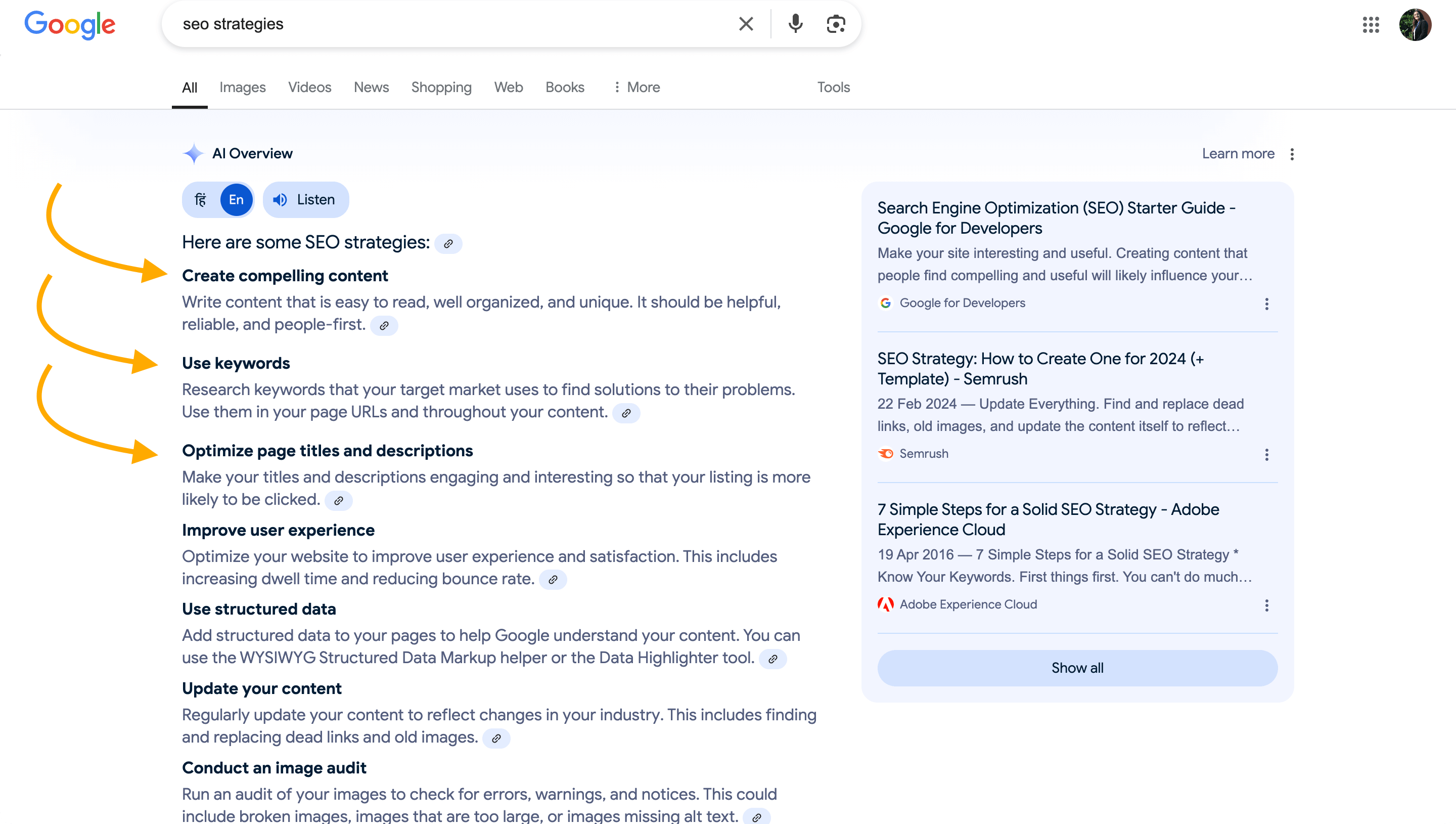 AI overviews pick and share content in structured format with headings.