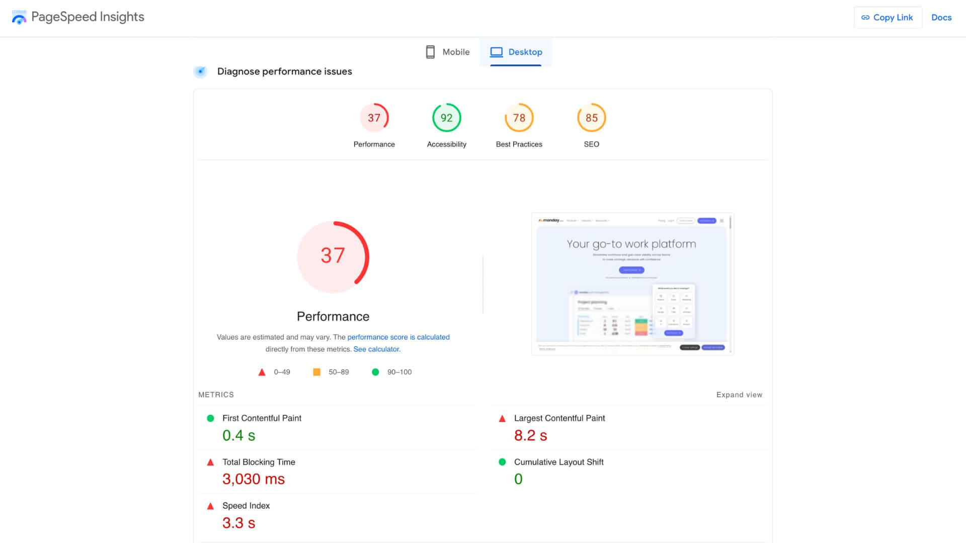 Checking website speed and speed of other elements with PageSpeed Insights tool.