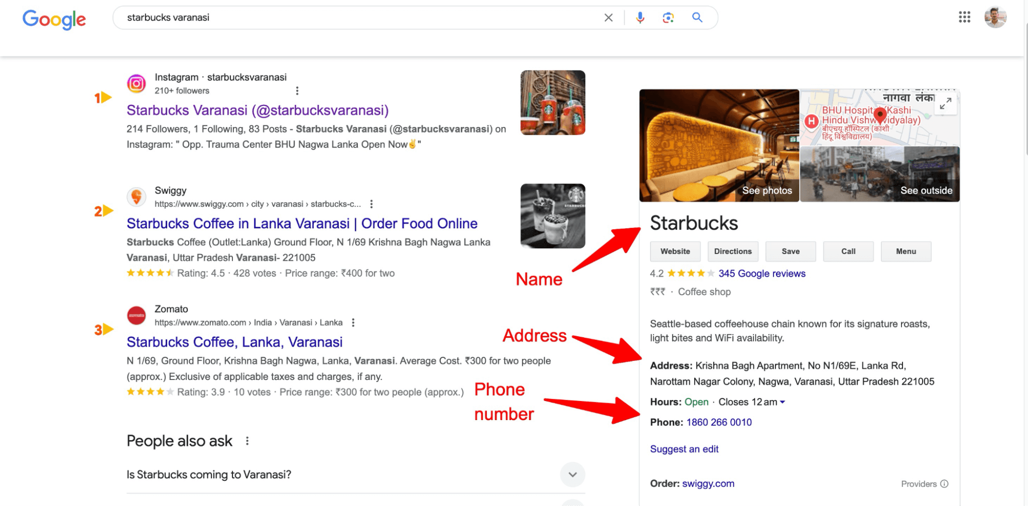 Example of Starbucks with NAP details local SEO.
