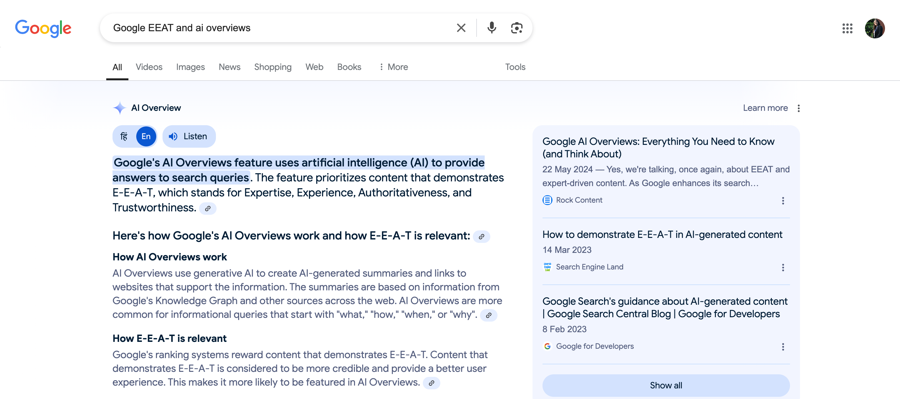 Google AI overviews explaining what is E-E-A-T.