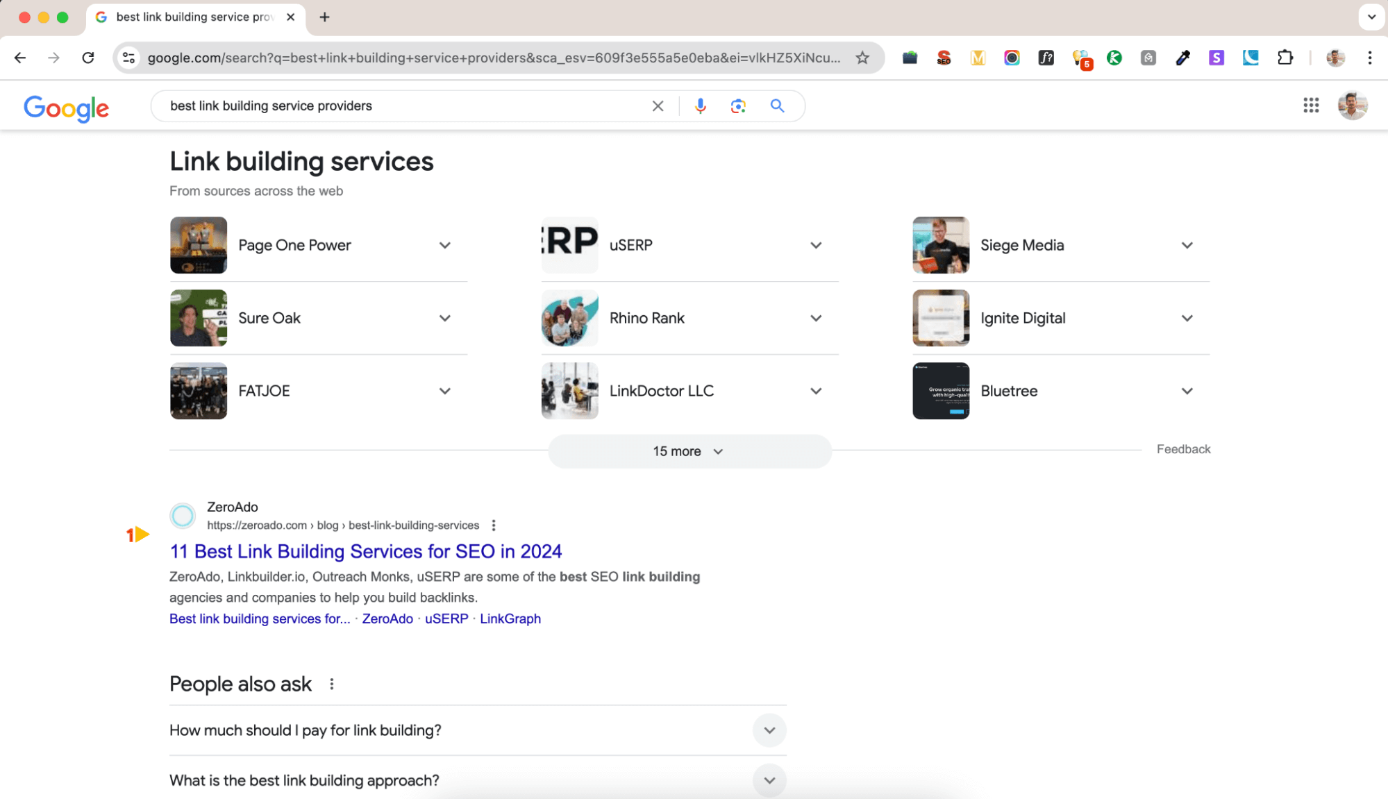 Google search result for best link building service providers.