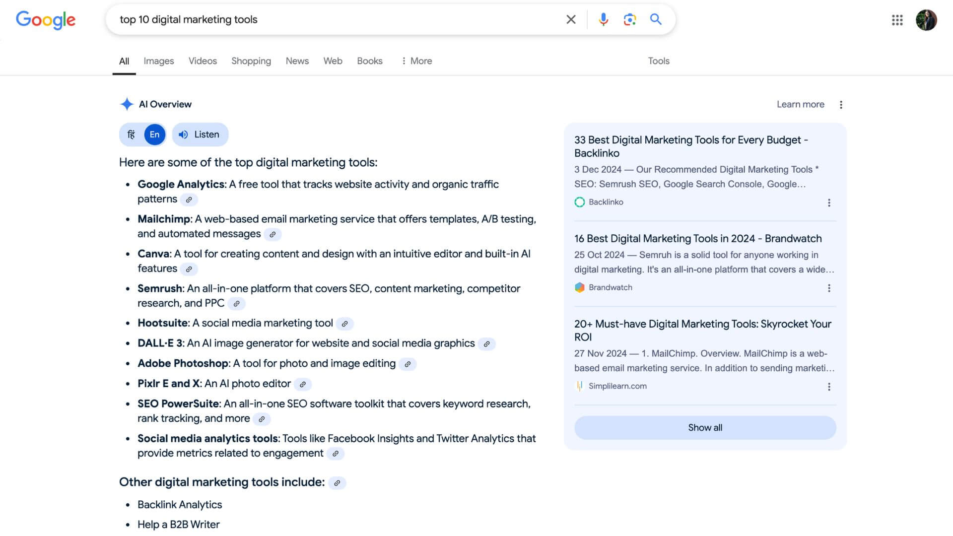 Google SERP after AI overviews