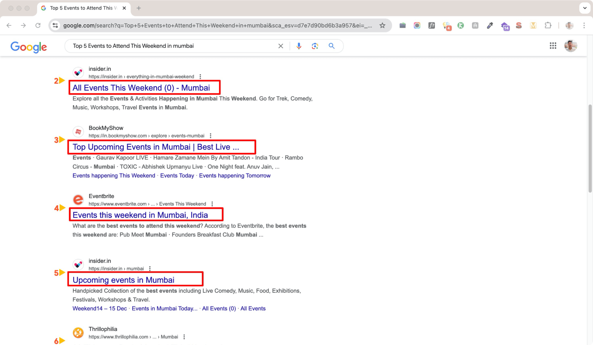 Google SERP results for blogs about upcoming local events in Mumbai.