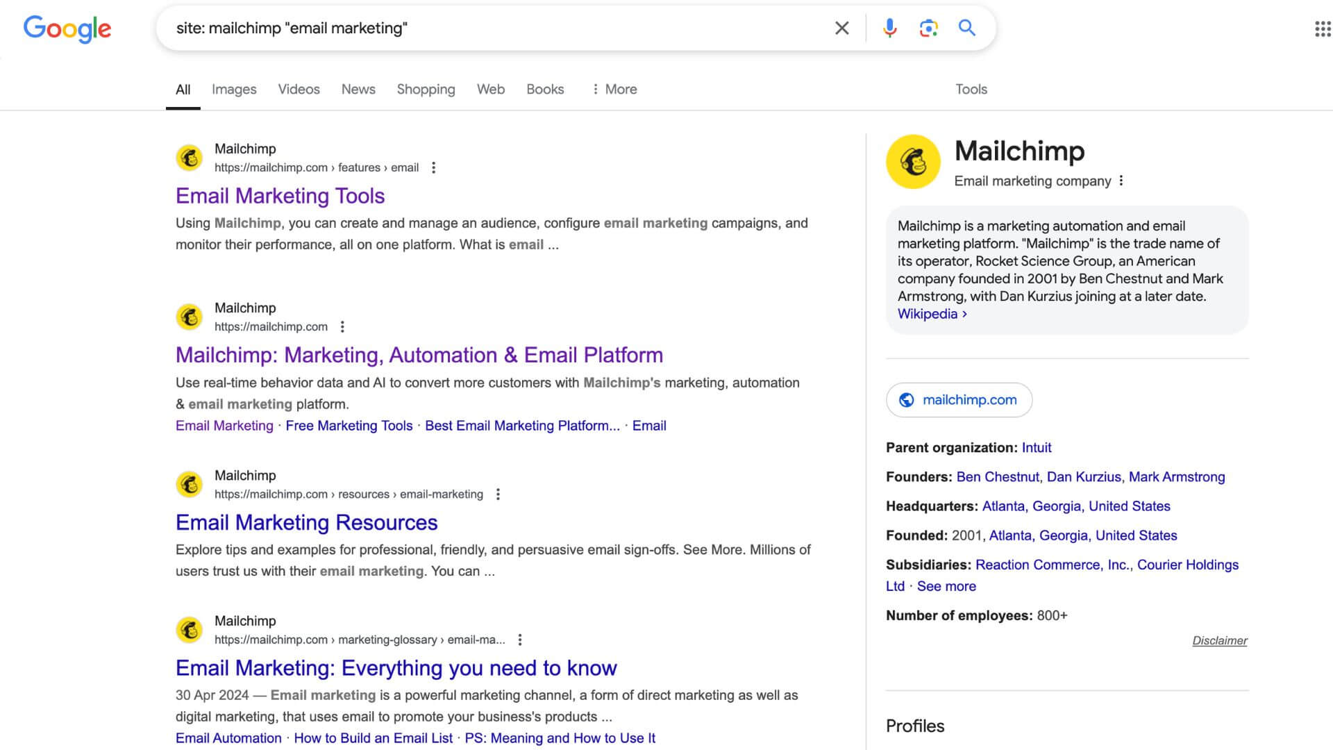 Content on email marketing created by mailchimp to build topical authority.