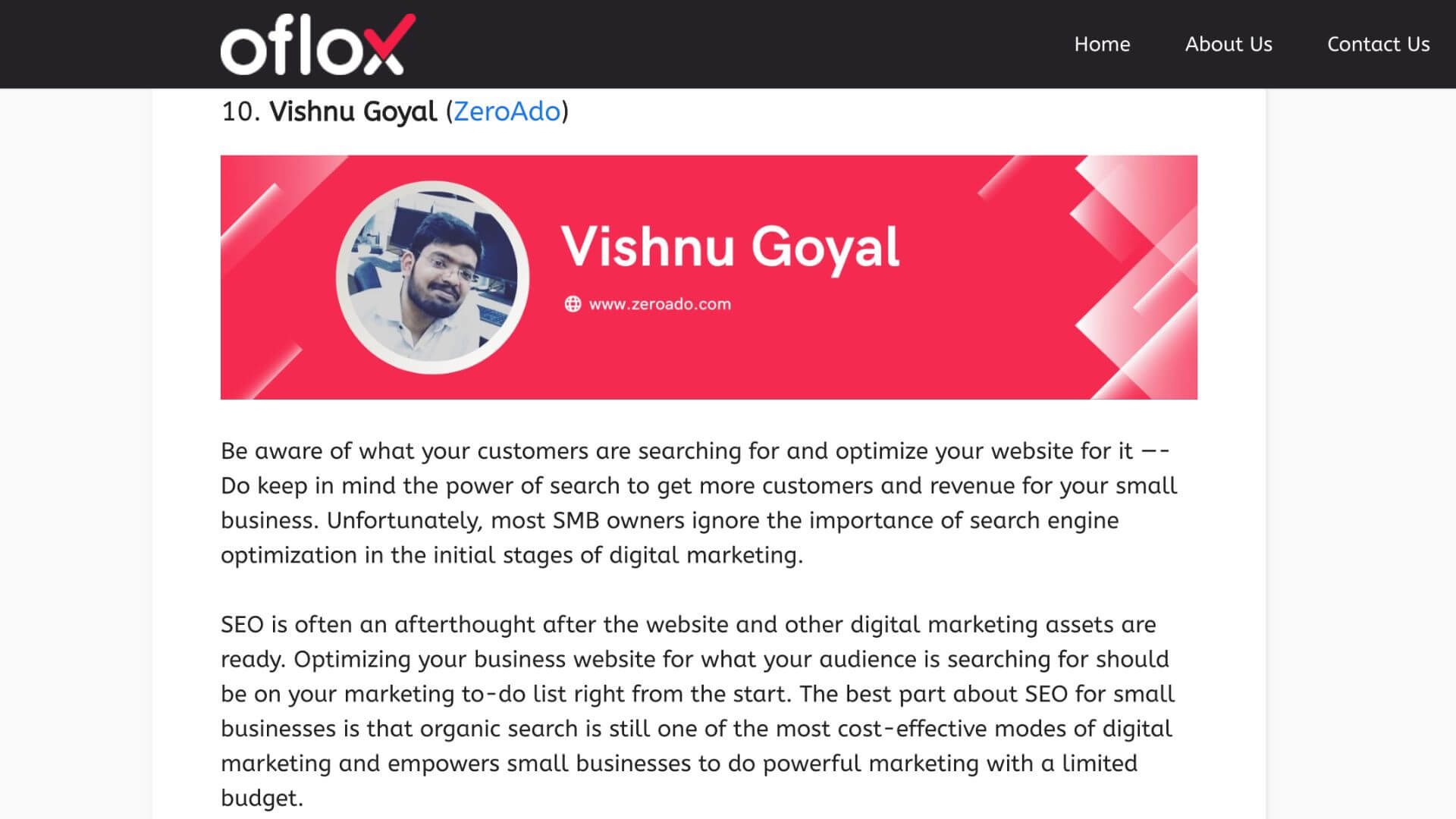 Round Up article by Vishnu Goyal, CEO of ZeroAdo, that helped us get a backlink to boost our off-page SEO.
