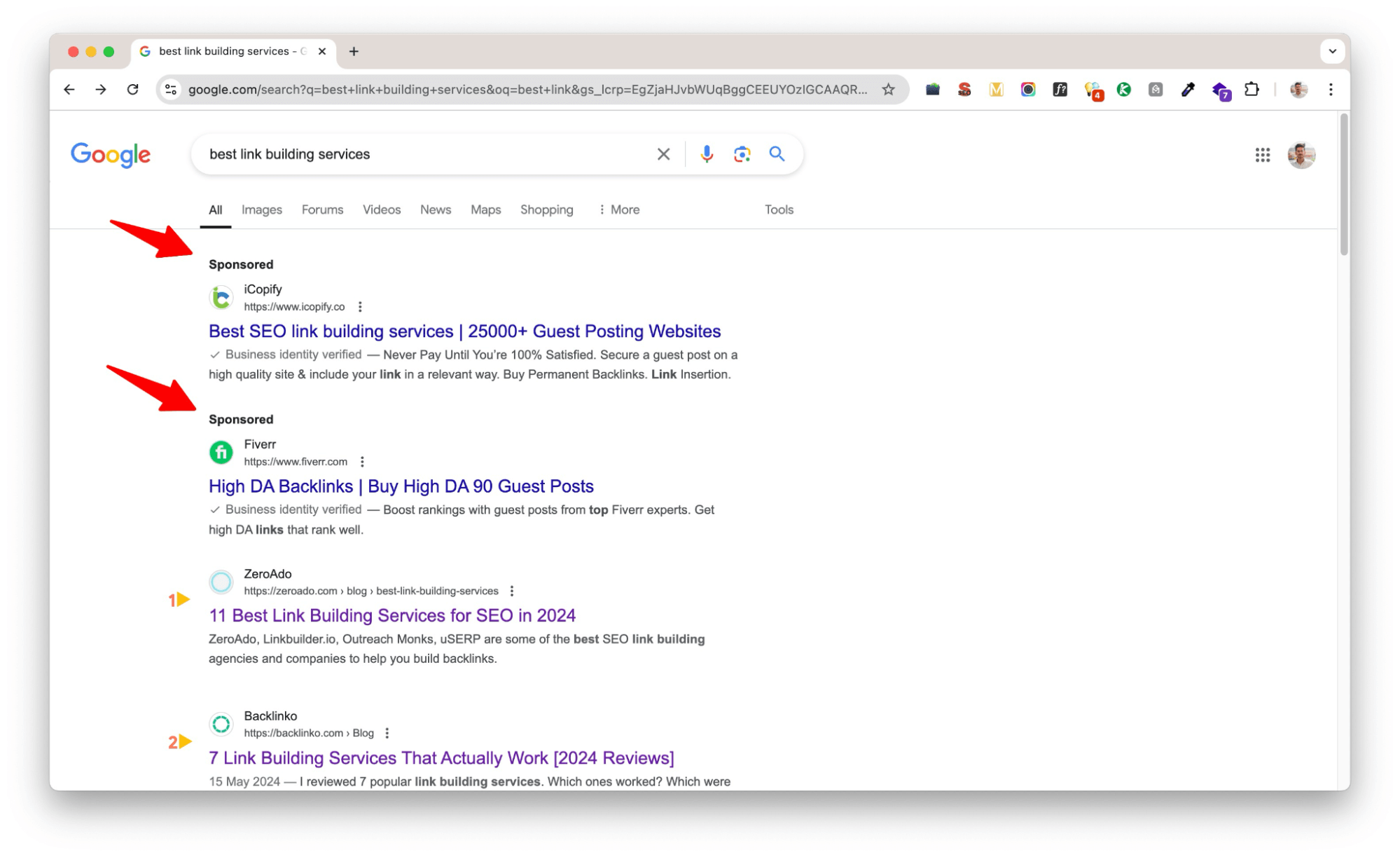 Searching in google with a query of best link building services - SEO for SaaS.