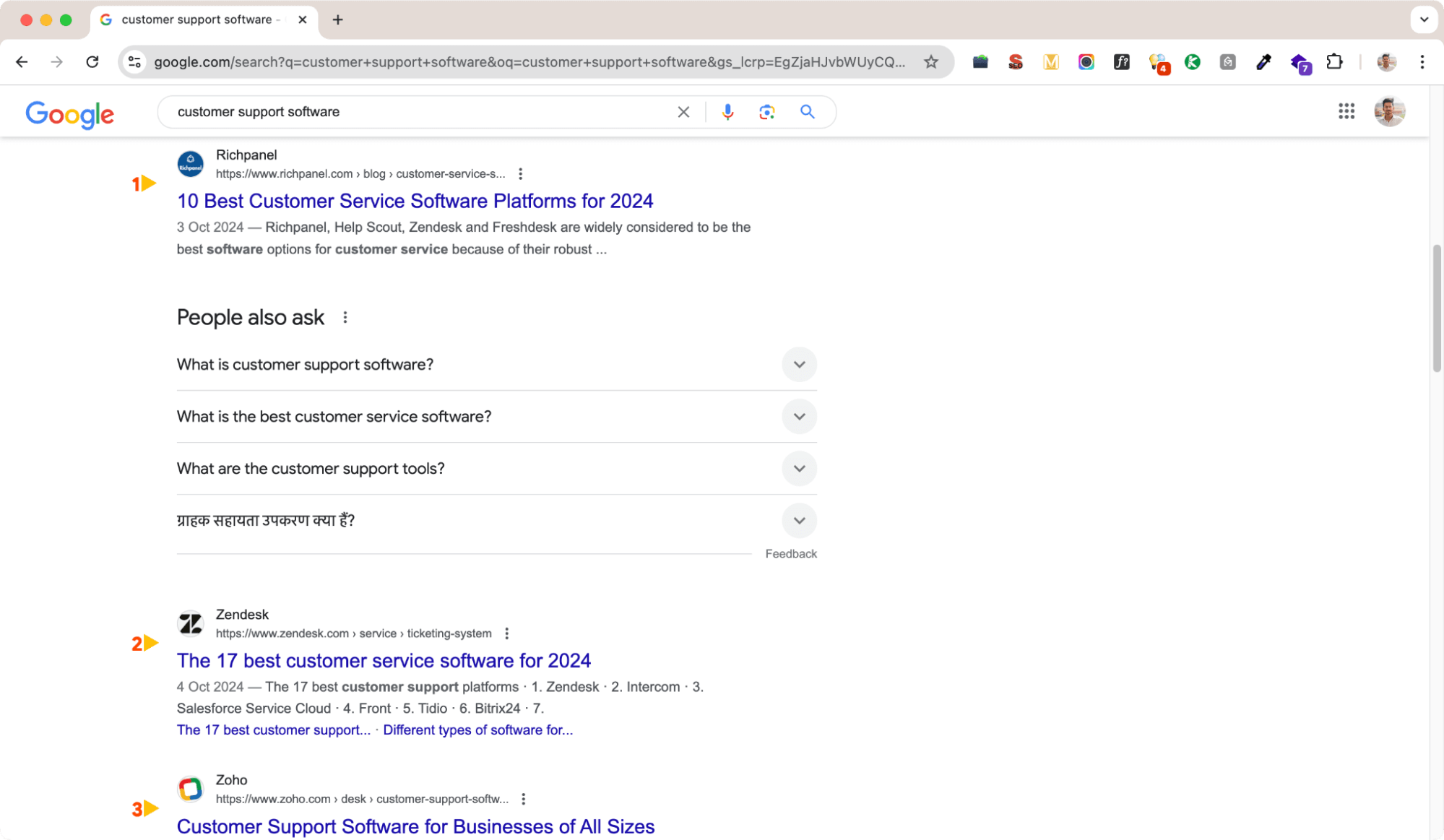 Searching in Google with a query of customer support software - SaaS SEO.