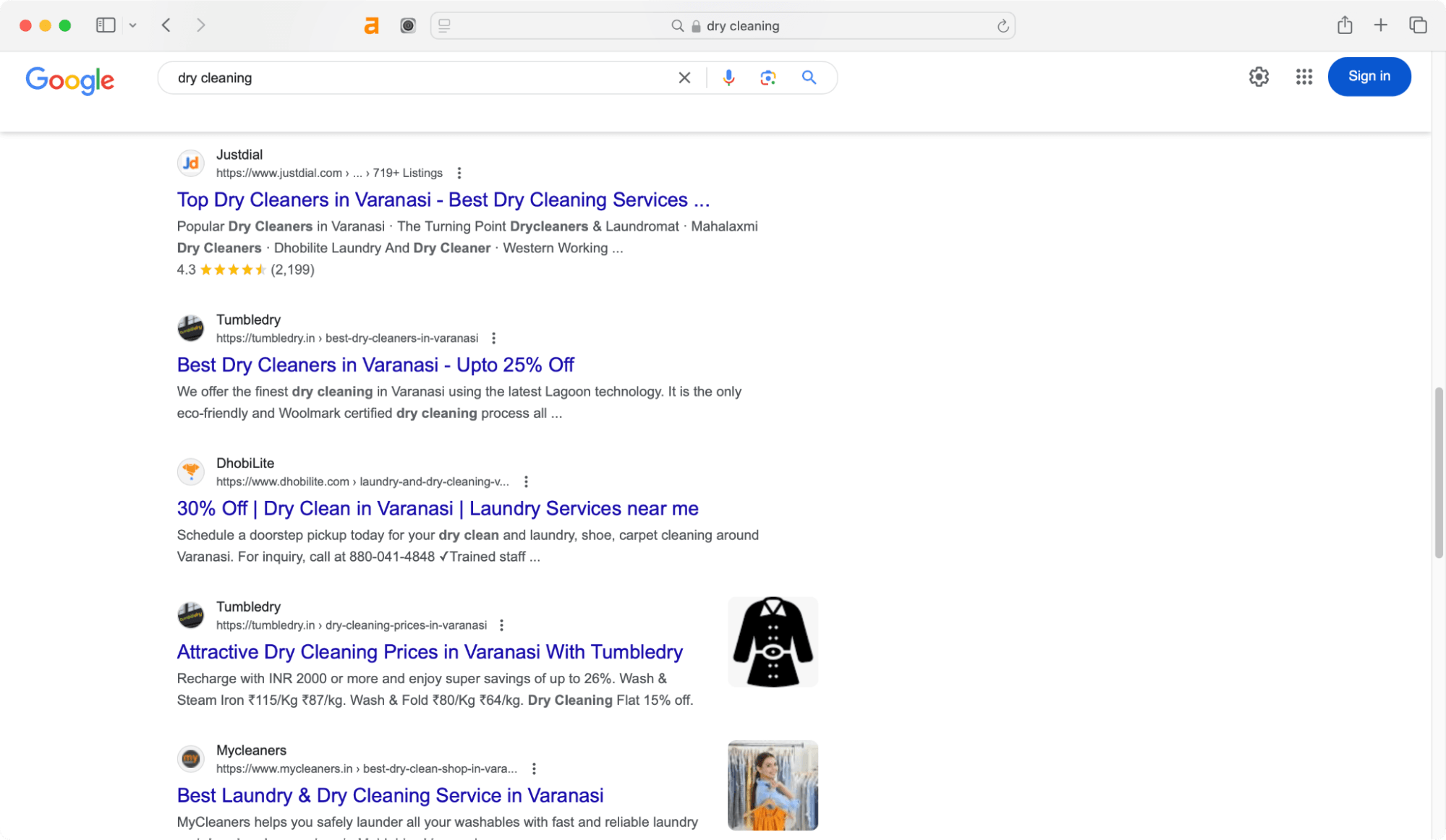 Searching in Google with a query of dry cleaning - SaaS SEO.