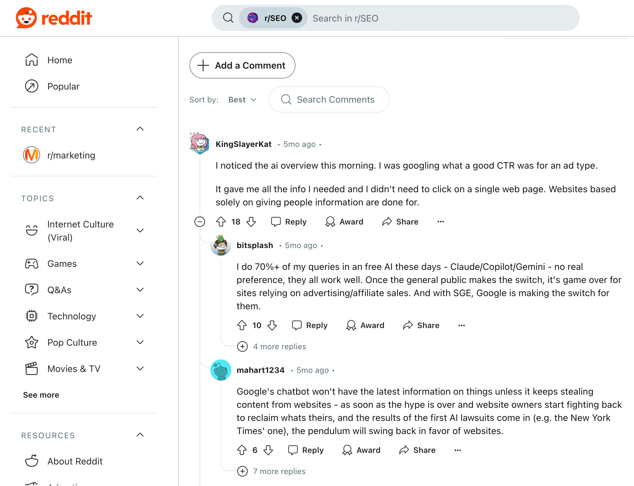 Reddit threat on AI overviews.