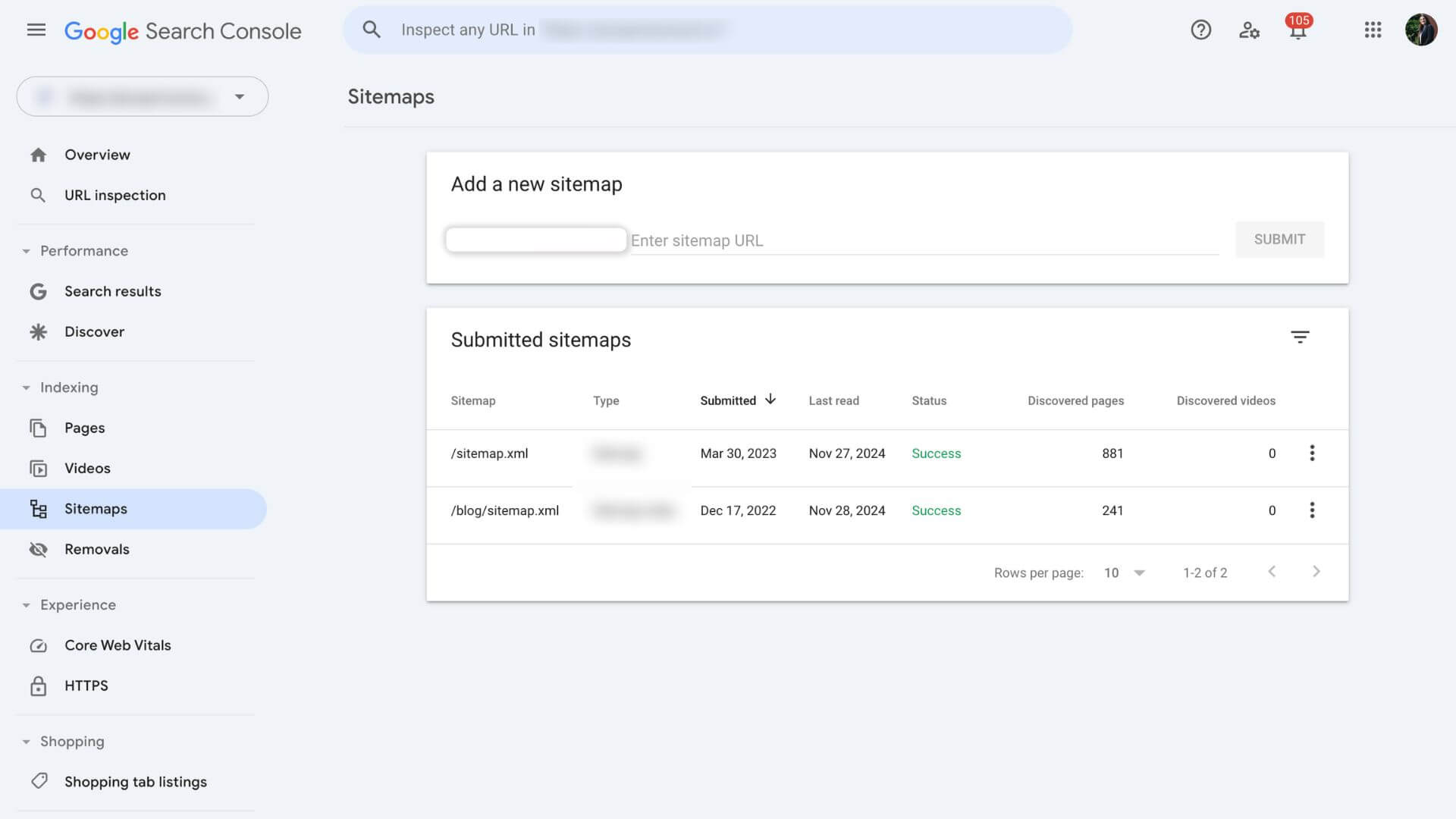 Google search console with sitemap column. 