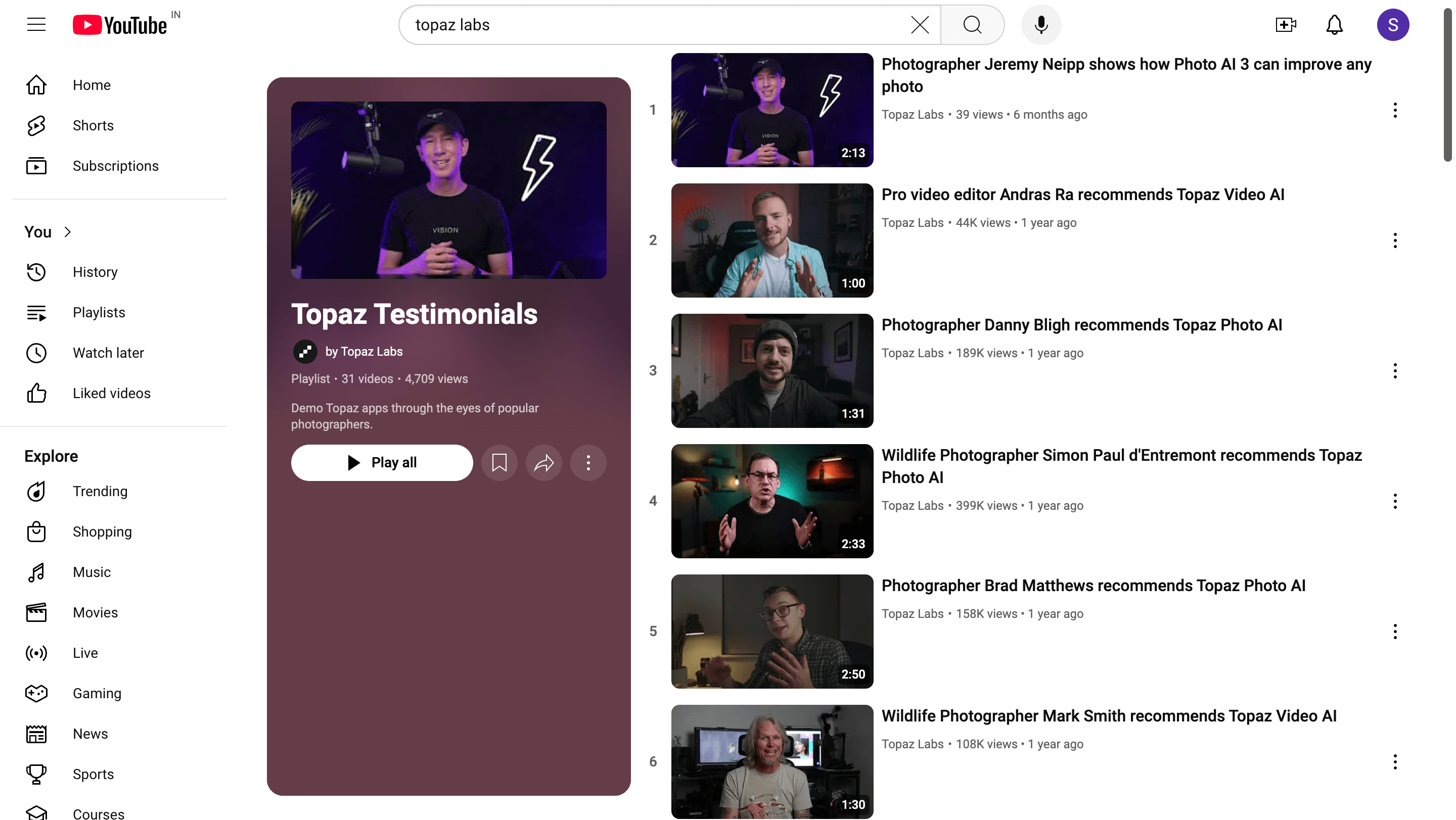 Topaz Labs using testimonials on their YouTube Channel.
