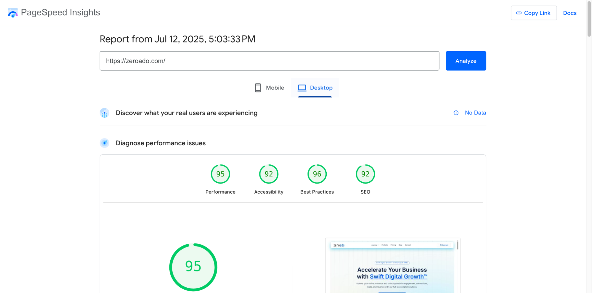 Core Web Vitals report using Google PageSpeed.
