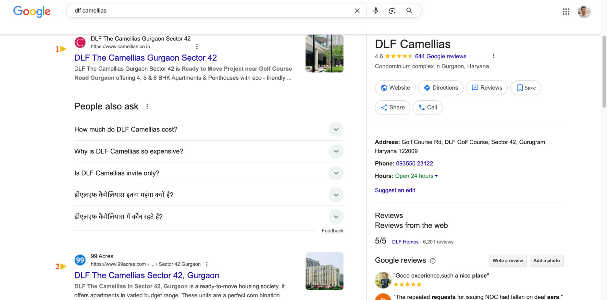 DLF Camellias ranking organically for luxury real estate keywords in search results.
