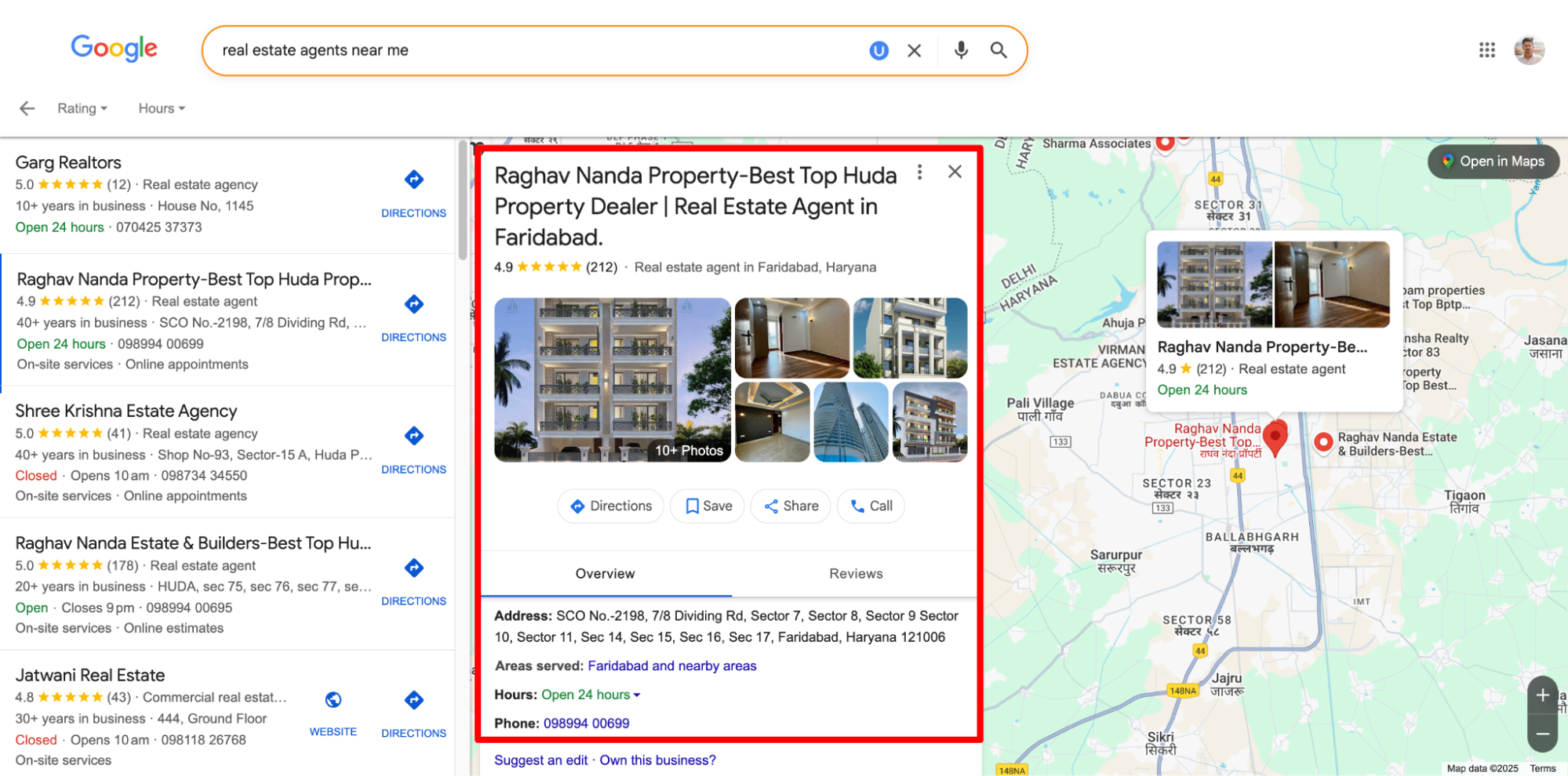 Google search result for “real estate agent near me” showing local business listings.