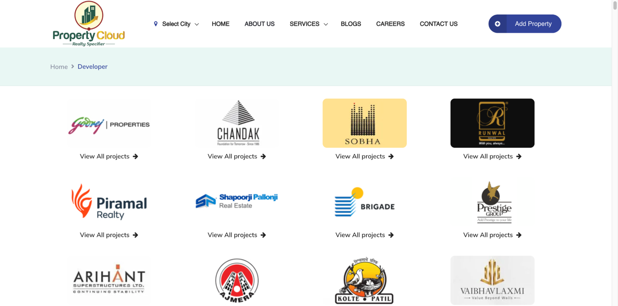 Example of separate SEO-optimized pages for different real estate developers.