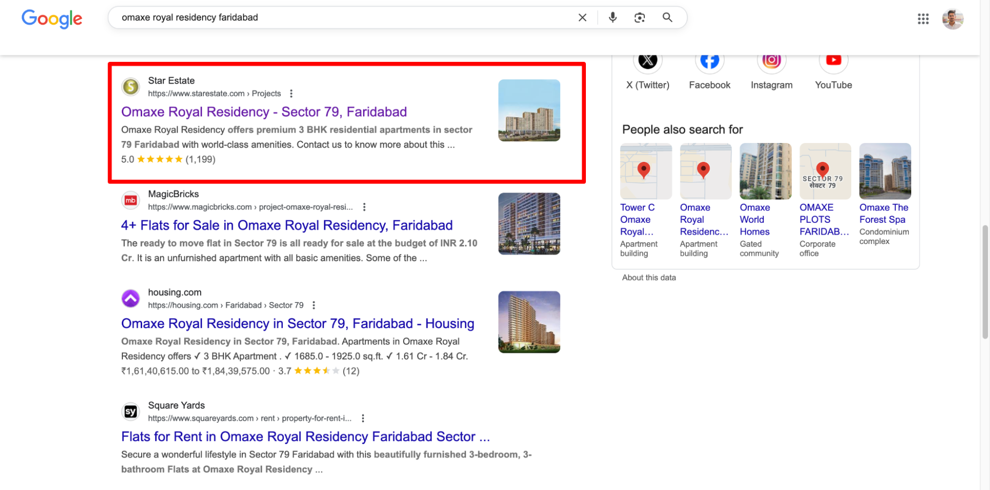 Star Estate outranks MagicBricks and Square Yards for property search keywords like Omaxe Royal Residency Faridabad.