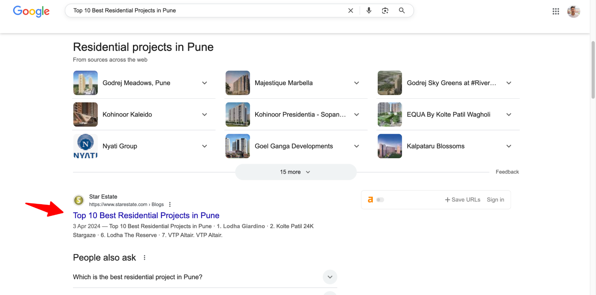 Google search result for “Top 10 Best Residential Projects in Pune.”