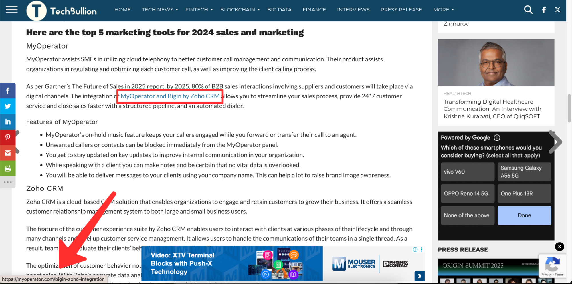 Example of guest posting services done for MyOperator to build backlinks and authority.