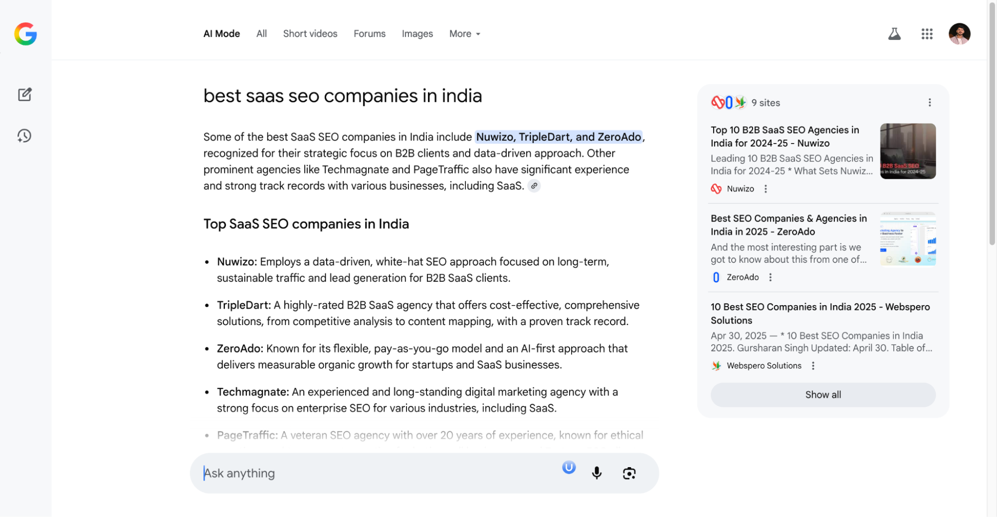 Screenshot of Google AI Mode showing top SaaS SEO companies in India.