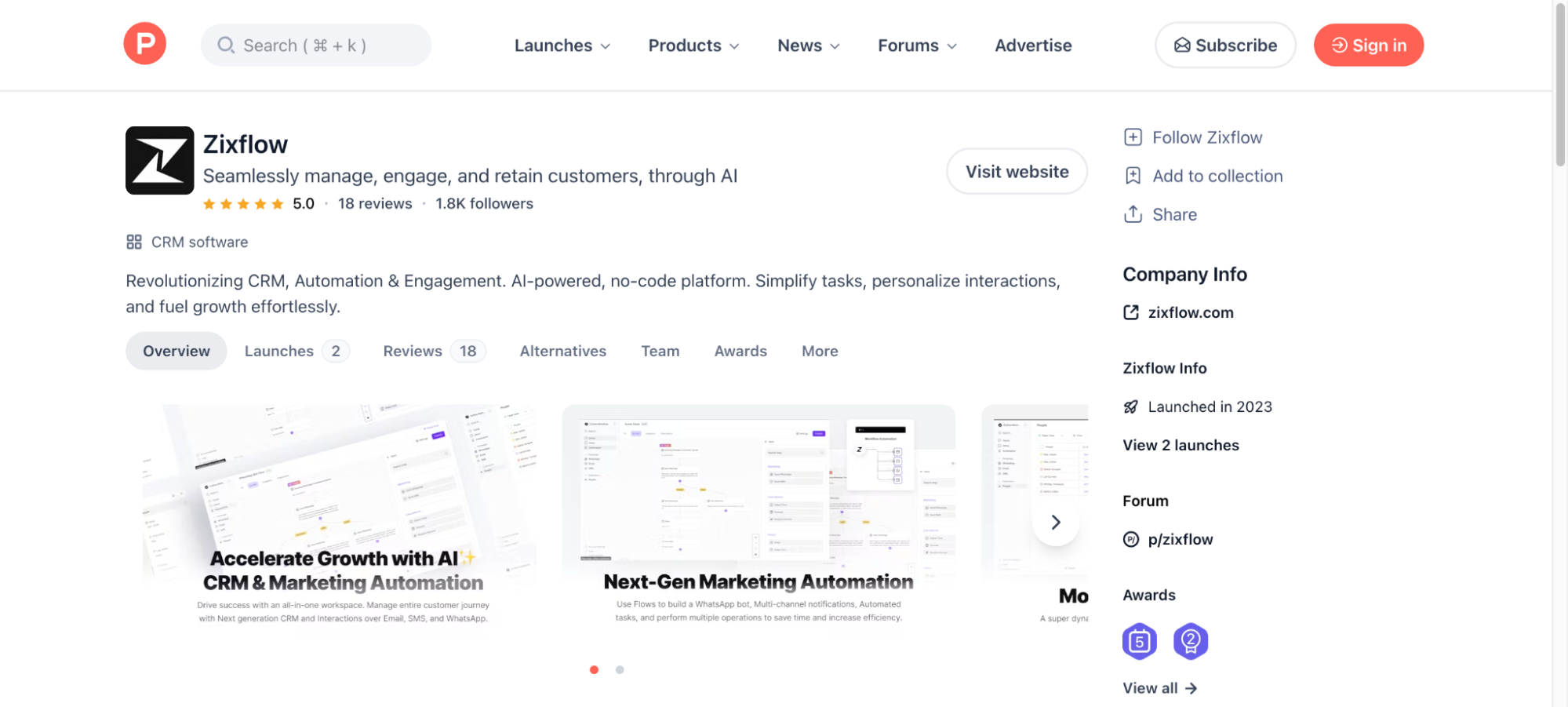 Screenshot of Zixflow product listing on Product Hunt.