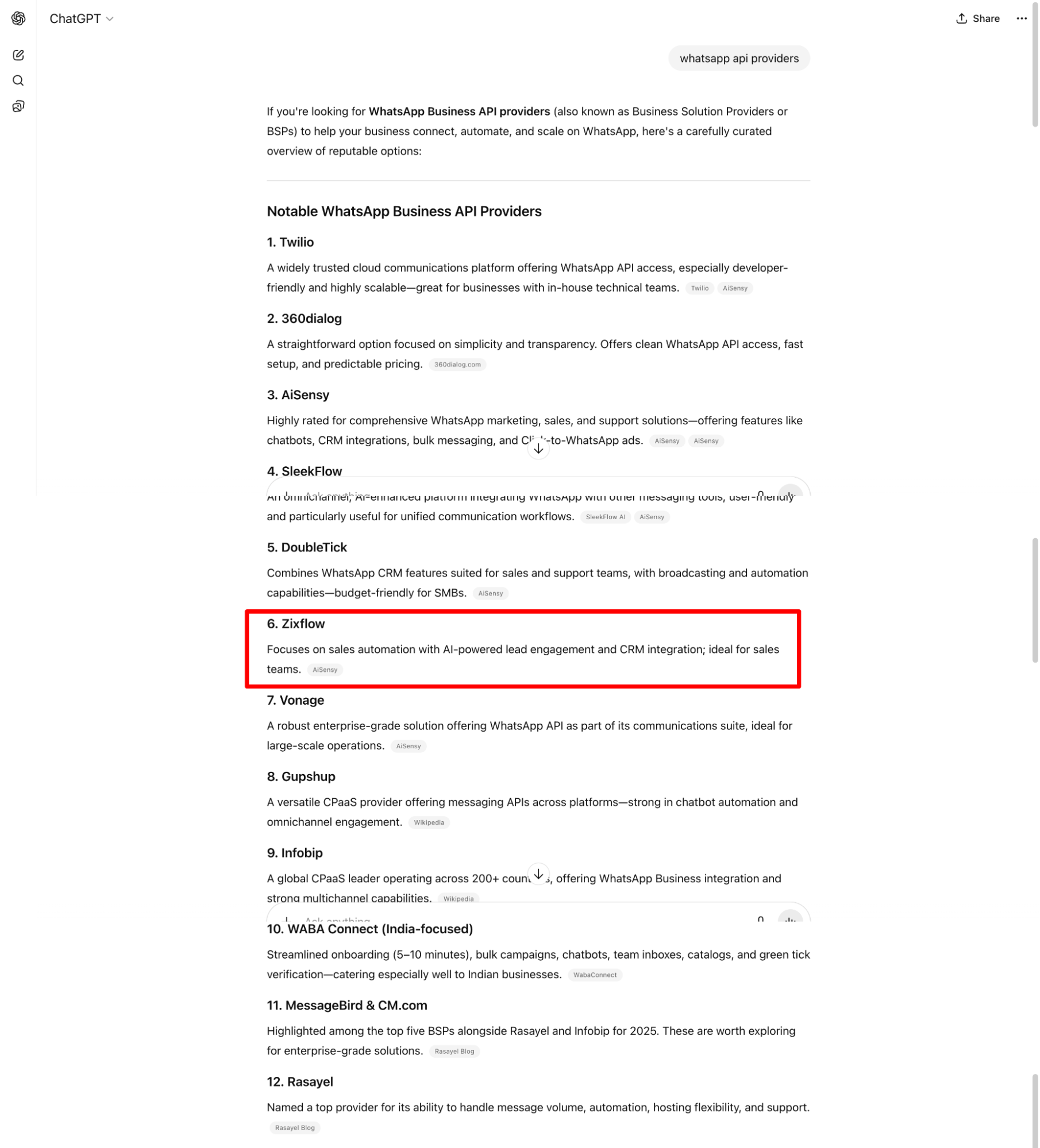 Zixflow ranks WhatsApp API providers on ChatGPT search using Generative Engine Optimization (GEO).