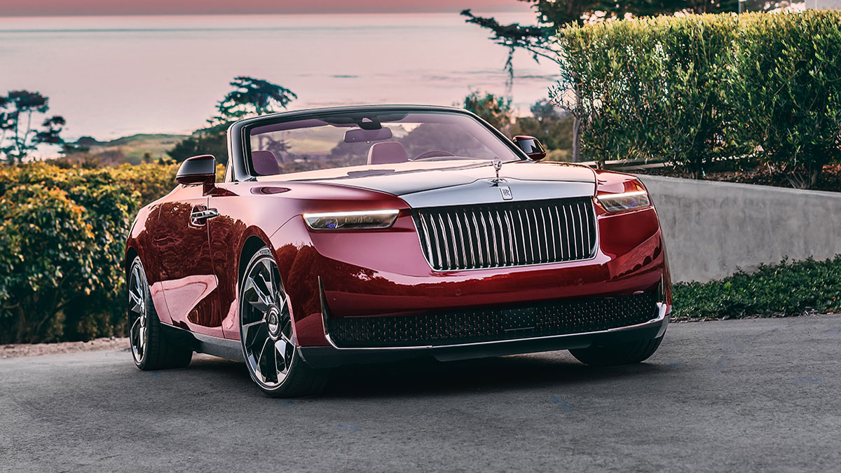 Rolls-Royce La Rose Noire Droptail luxury car on display.