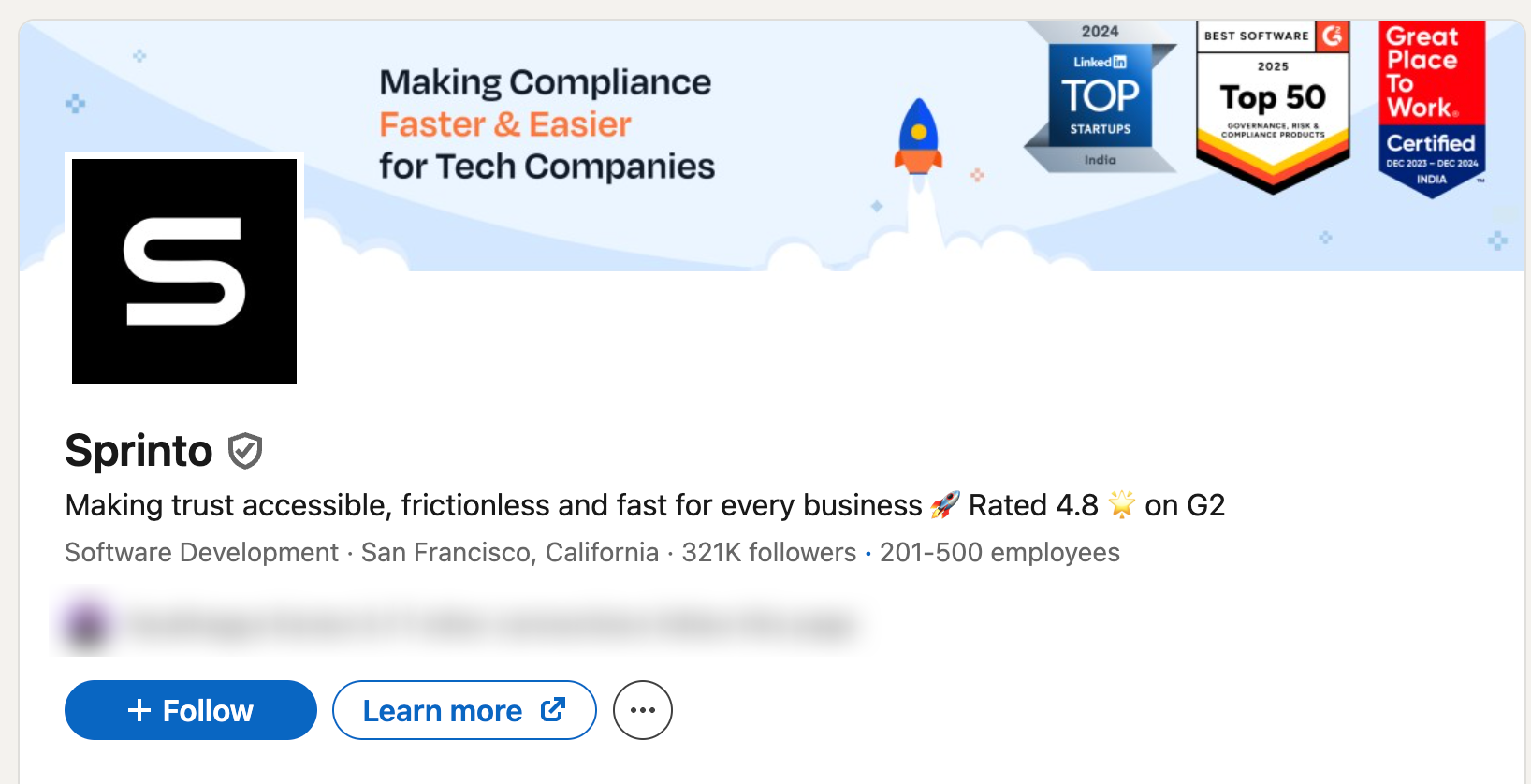 Sprinto’s official LinkedIn profile showcases its journey as a leading SaaS compliance startup in Bangalore.