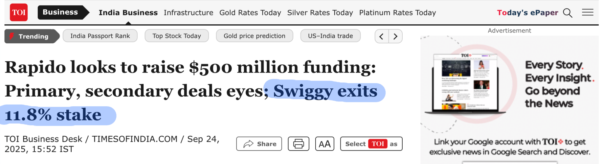 Swiggy exited its stake in Rapido, marking a major shift in Bangalore’s fast-growing mobility startup ecosystem.