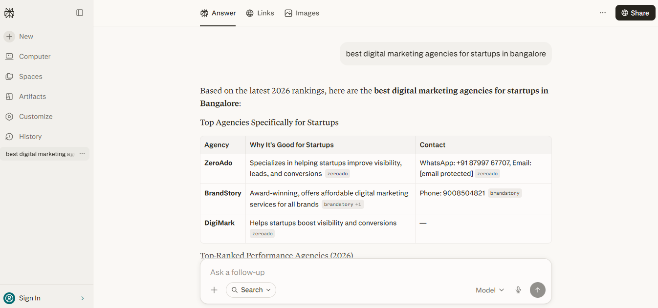 AI-generated agency recommendations inside Perplexity for startup-focused marketing searches.
