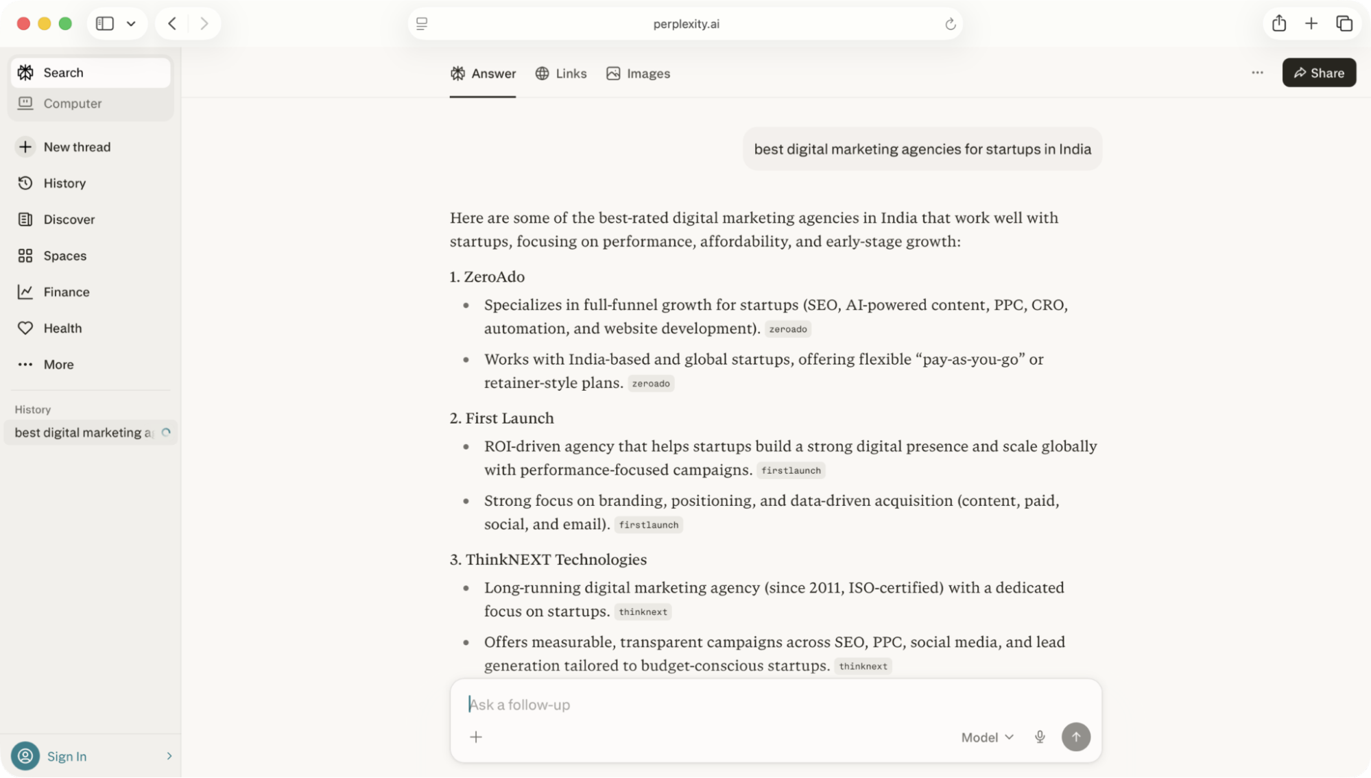 Perplexity AI showing digital marketing agency recommendations for startups in India.