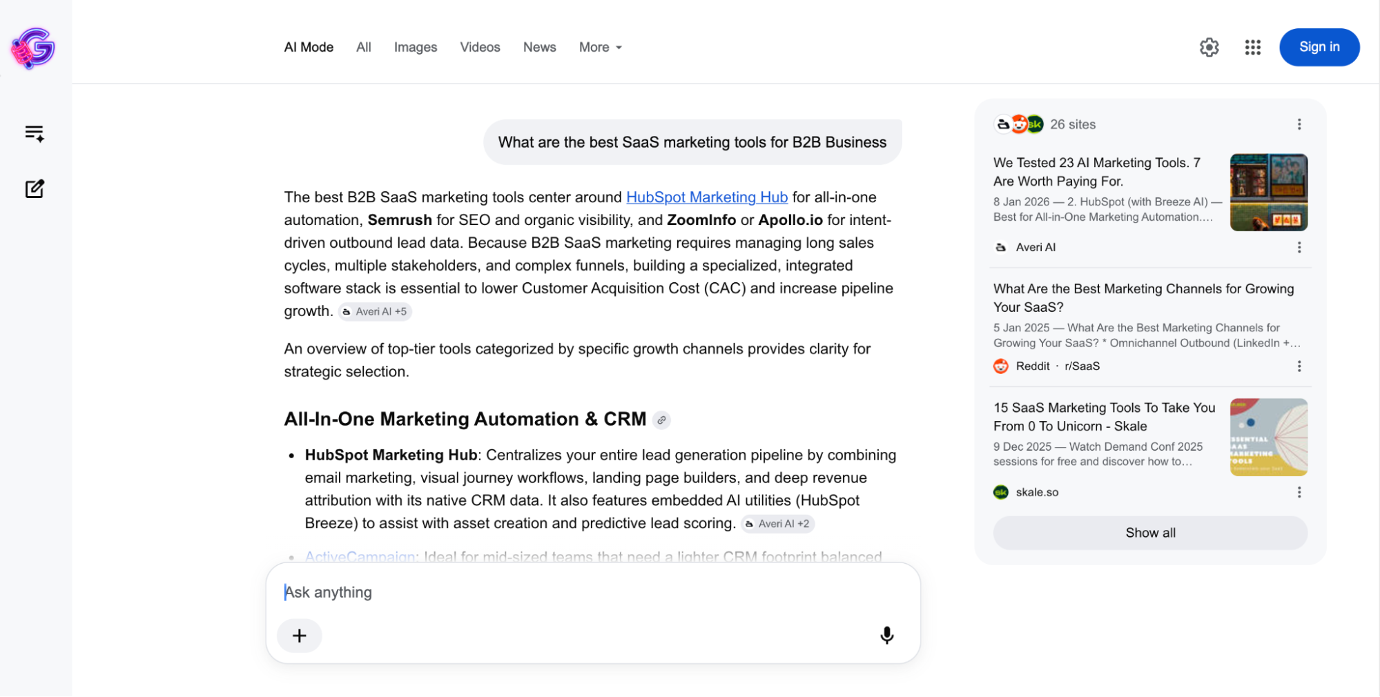 Google AI Mode results for the best SaaS marketing tools for B2B businesses.