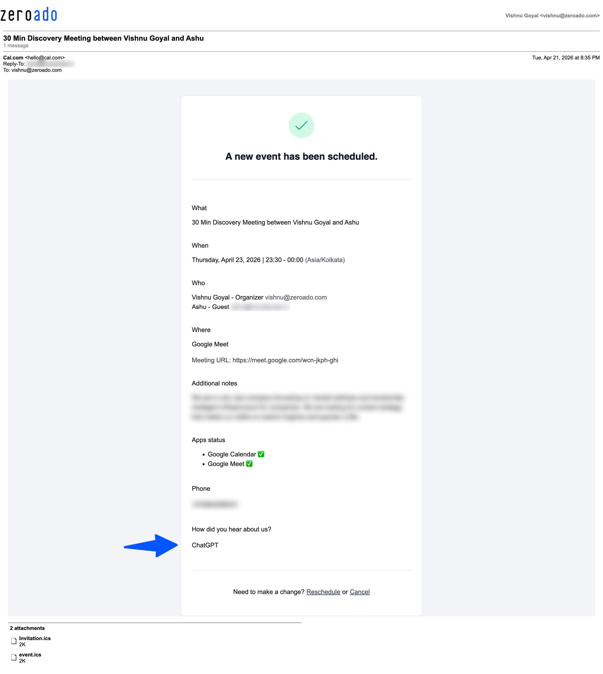 ZeroAdo discovery meeting scheduled with a client who found the agency through ChatGPT AI search.