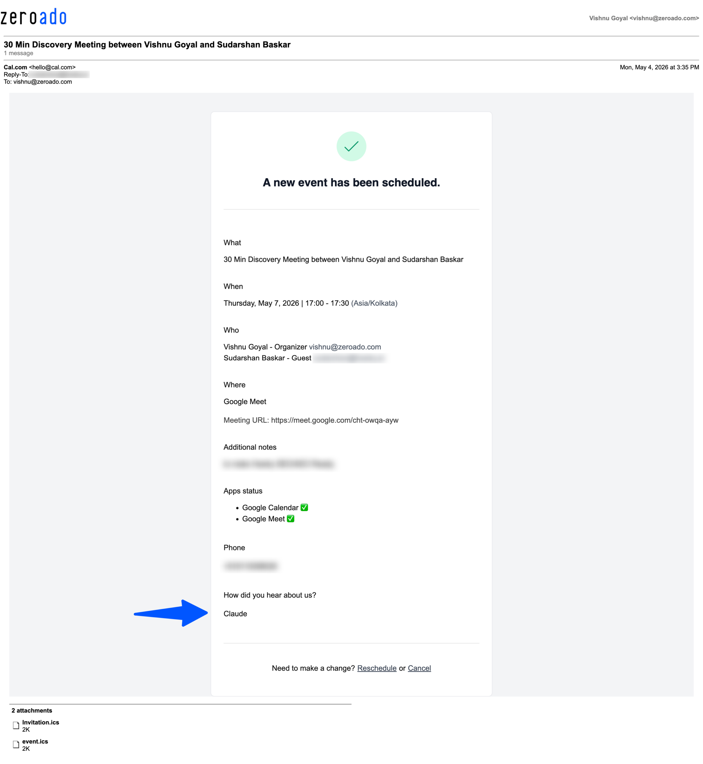 ZeroAdo discovery meeting scheduled with a client who found the agency through Claude AI search.