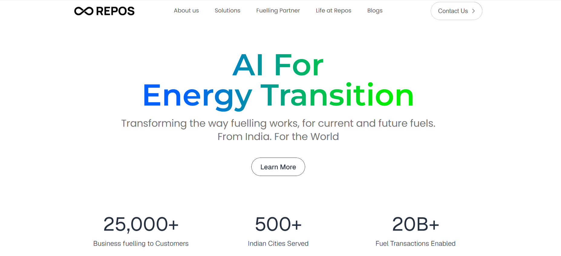 Repos Energy website showcasing AI for energy transition and digital fuelling solutions. 