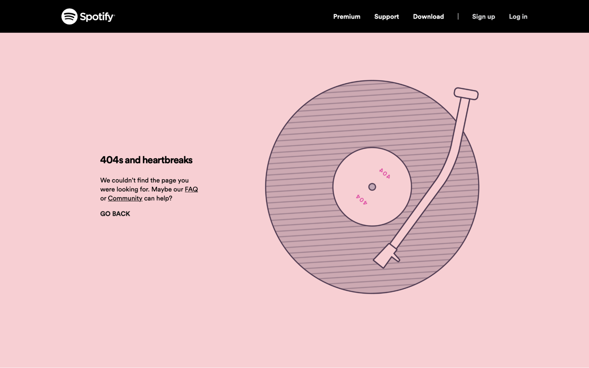 Spotify 404 error page with a message.
