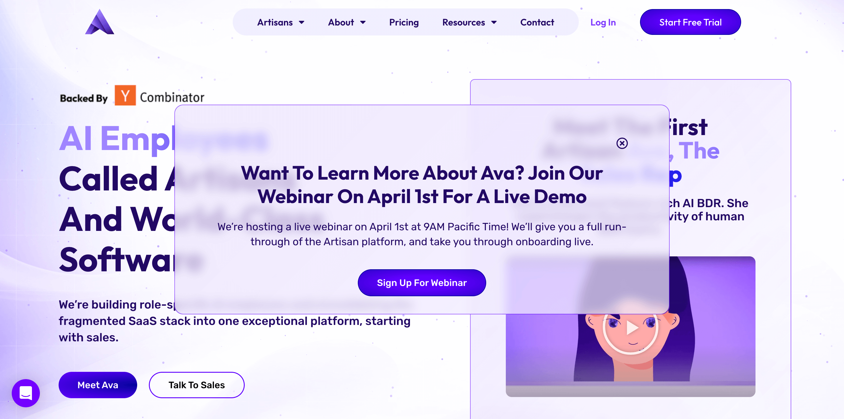 Pop-up on website of Artisan AI