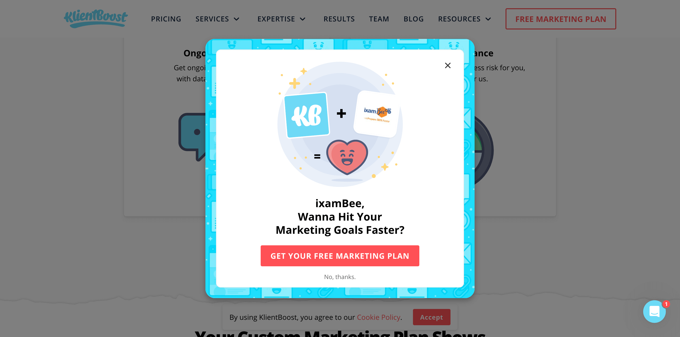 Pop-up on website of KlientBoost