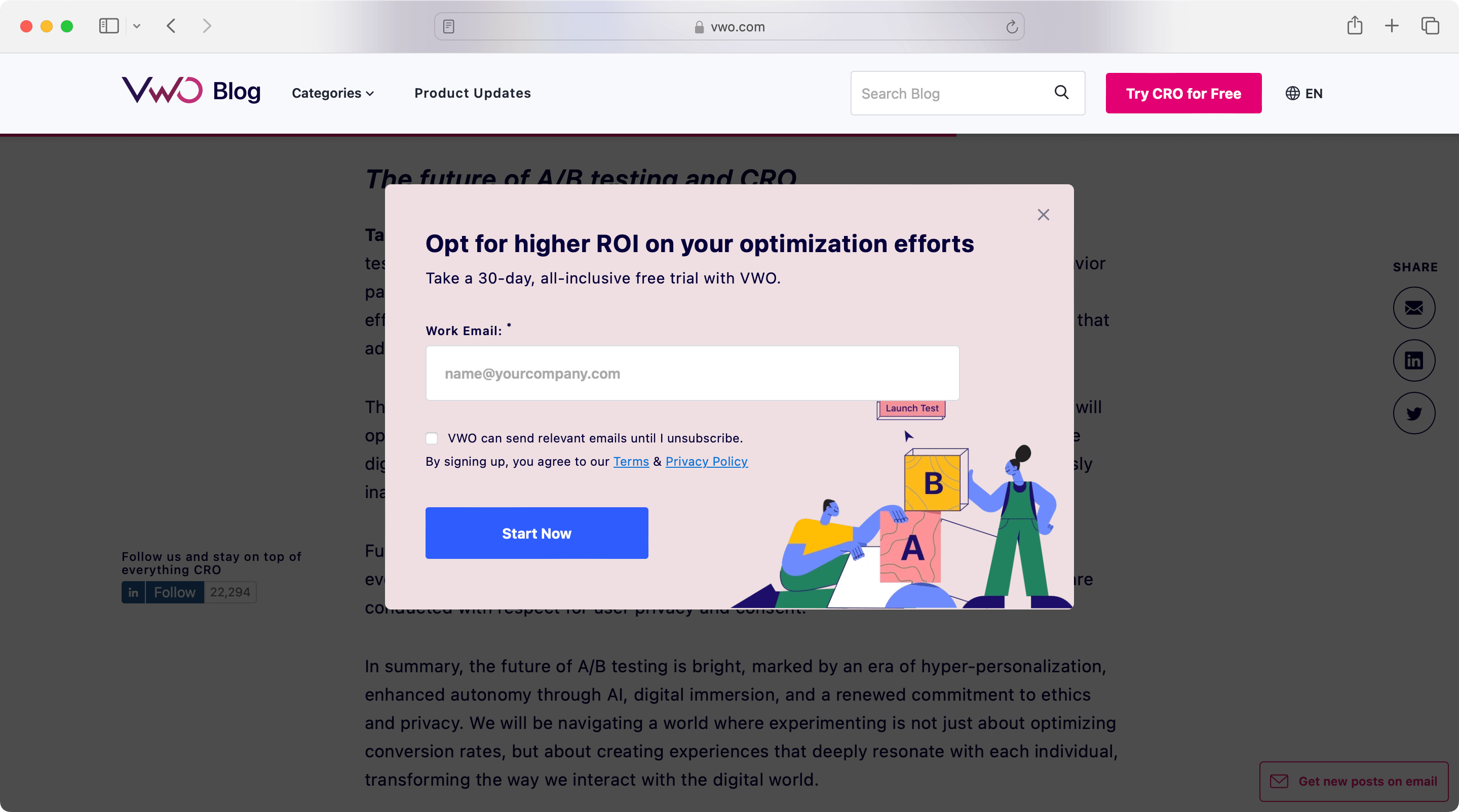 pop-up on website of VWO