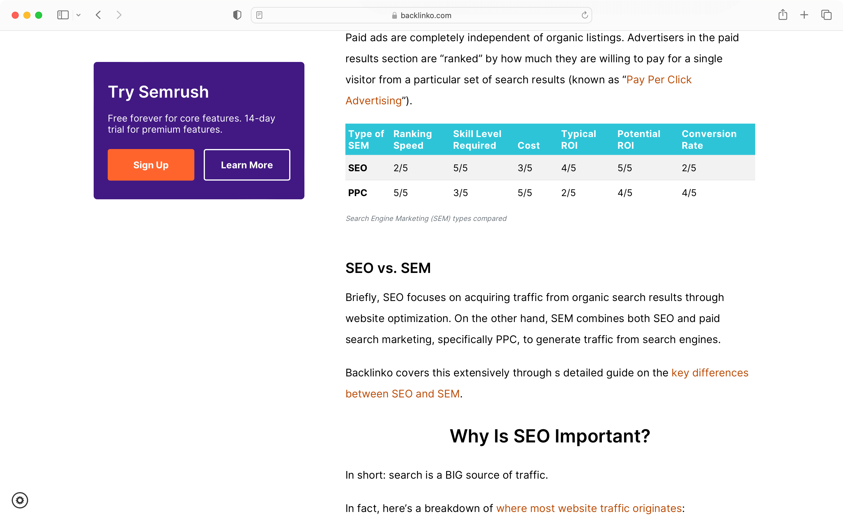 Example of pillar page one of the types of SEO content on Backlinko.