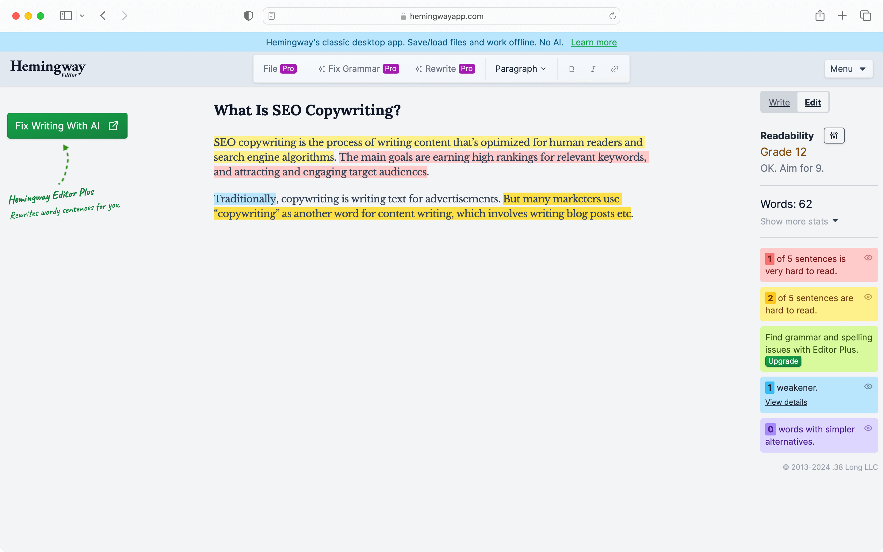 SEO copywriting software Hemingway Editor.