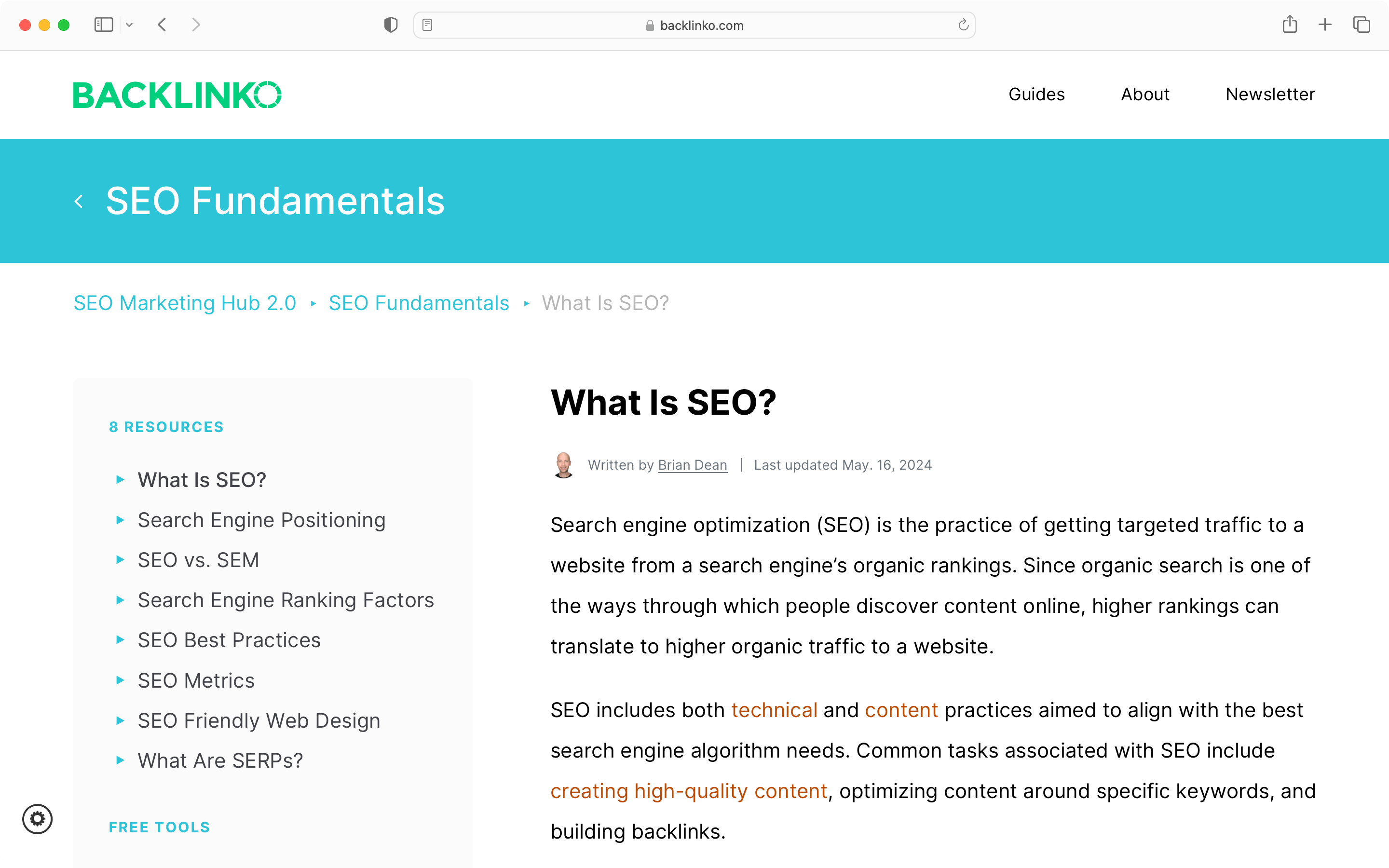 A pillar page form Backlinko with links to other resources related to the written about topic.