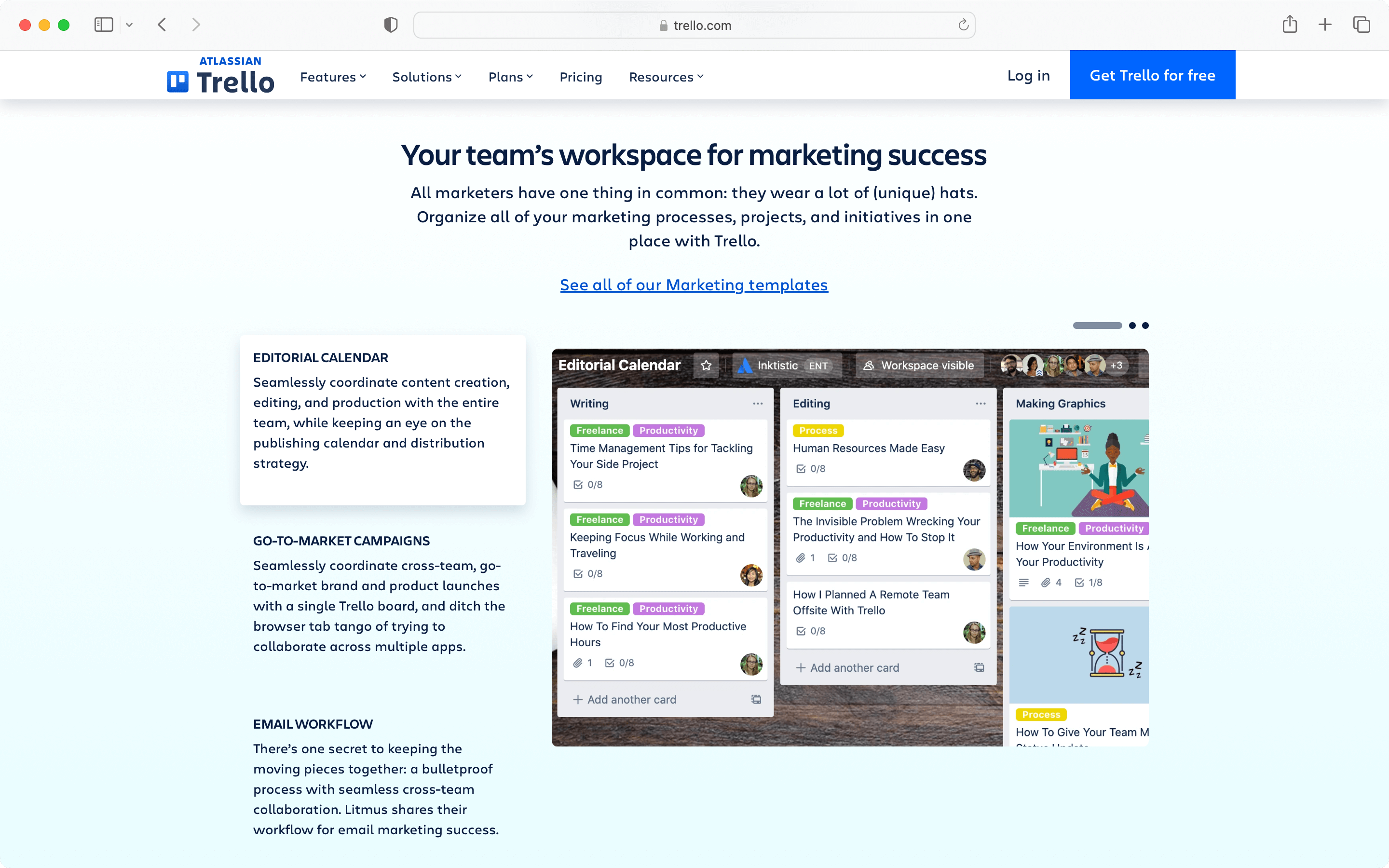 An example of types of SEO content of product led landing pages from Trello.