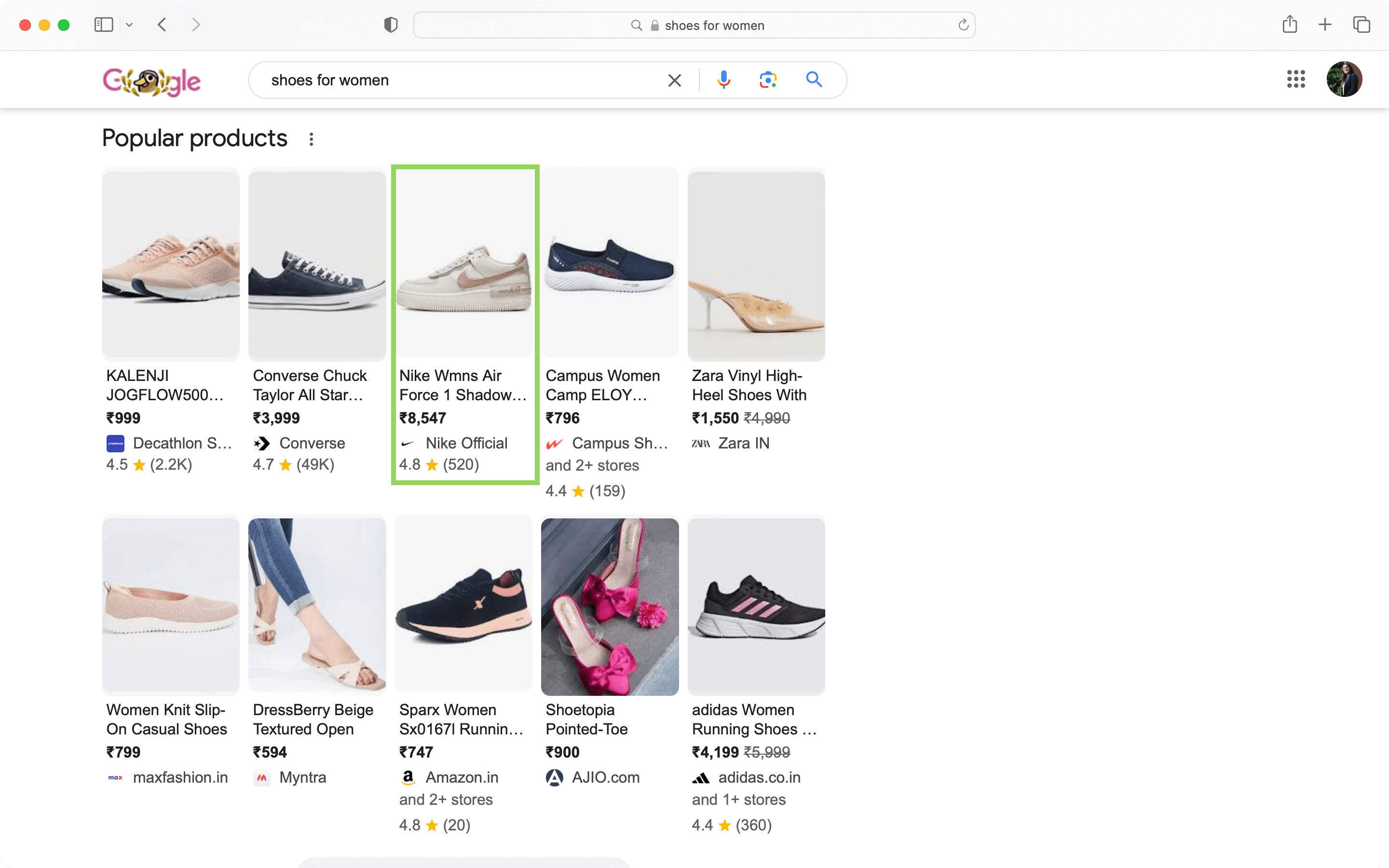 SEO examples from Nike to rank in search results for products.