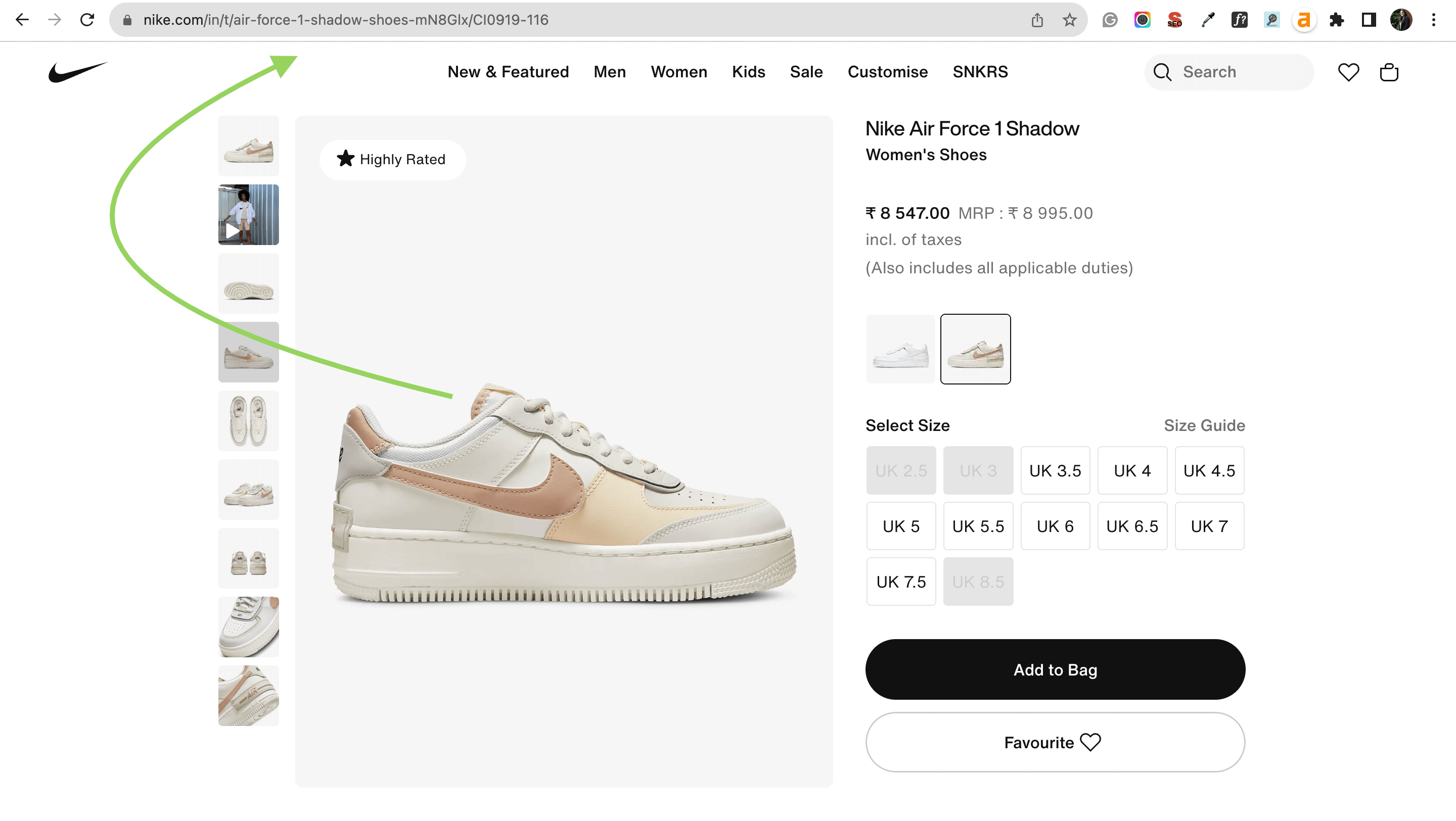 SEO sample for product page URL from Nike.